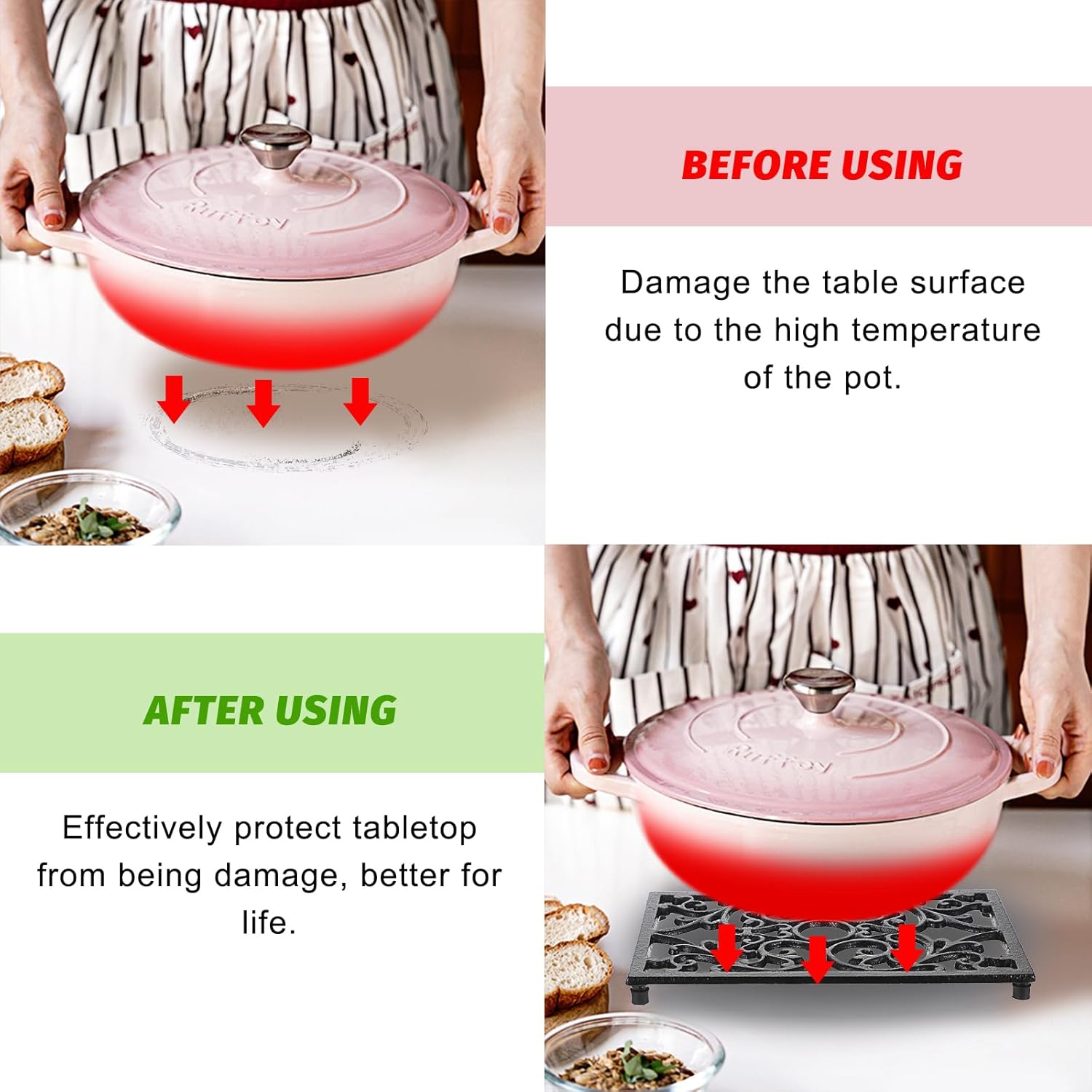 Sumnacon 2PCS Rectangle Cast Iron Trivets, Heat Resistant Iron Trivet for Hot Dish Pot Pan Plate Teapot, 9.4" x 6.1" Decorative Black Metal Trivets with Rubber Peg for Kitchen Dining Table Countertop