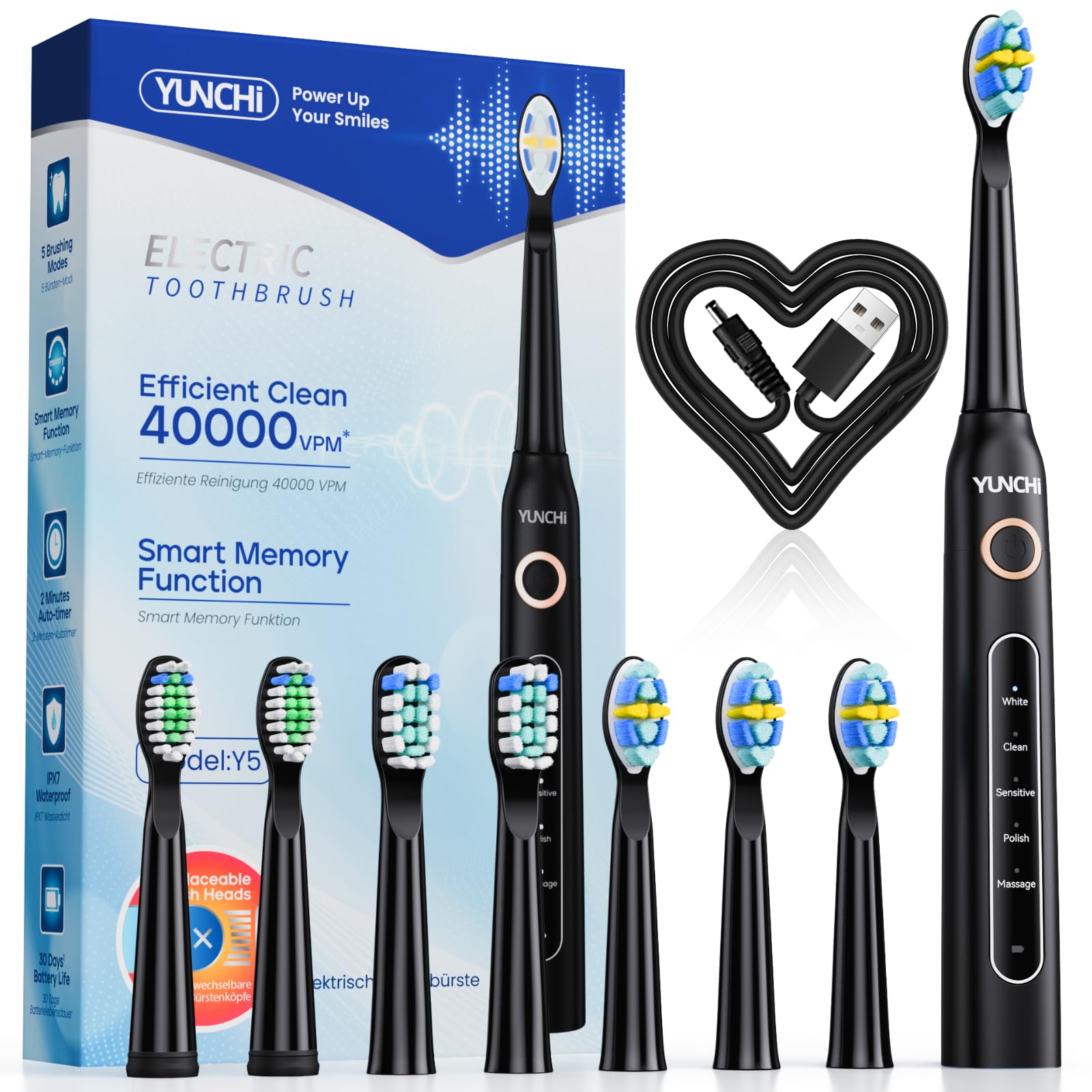 yunchi electric toothbrush, rechargeable sonic toothbrush with 8 brush heads 40000 vpm, smart timer 5 cleaning modes last 30 days electric toothbrushes for adults kids 6-12 (black)