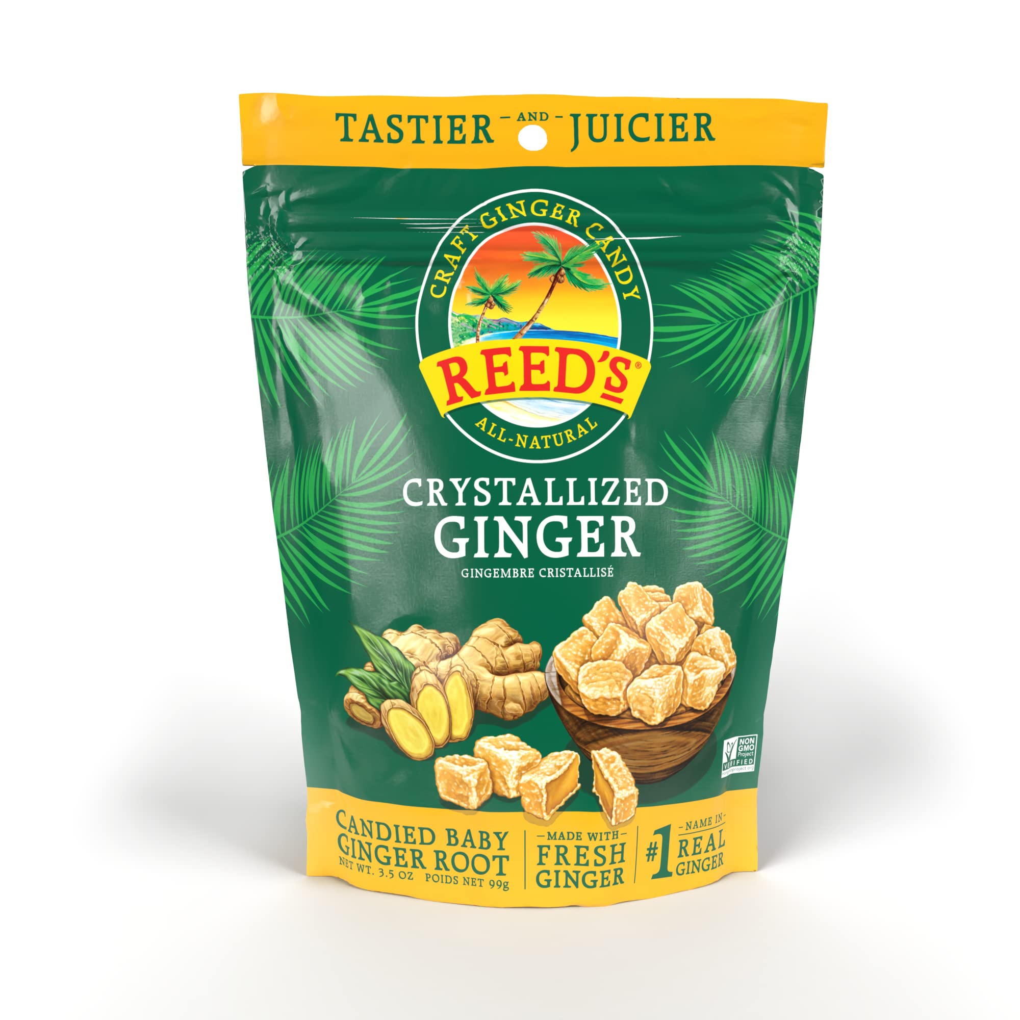 Reed'sAll Natural Crystallized Ginger Nuggets In A 3.5 oz Resealable Bag - Baby Ginger Root Fruit Slices Sweetened With Raw Cane Sugar Crystals - High Energy Ginger Candies For Snacking - 12 Pack