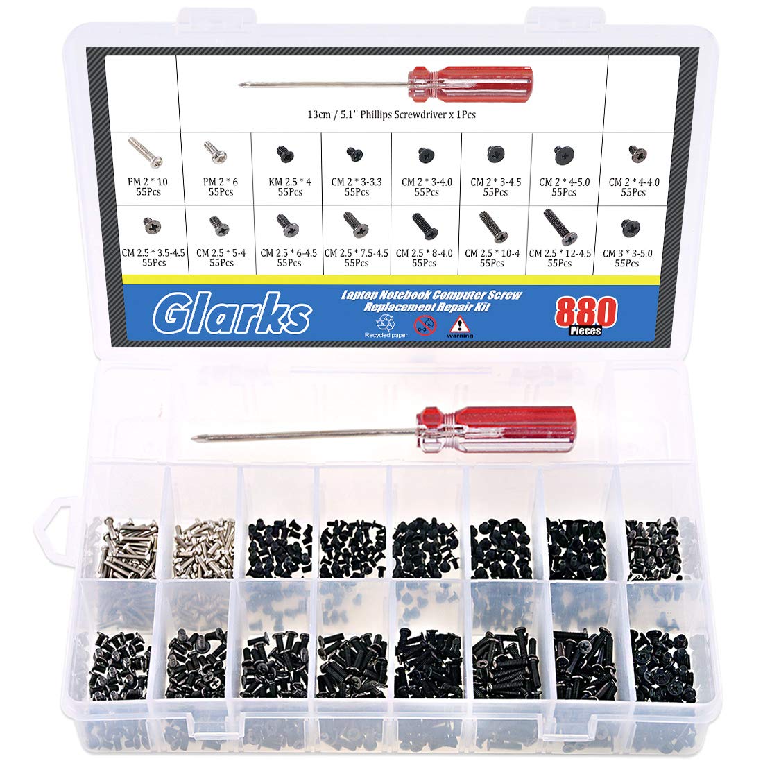 Glarks 880pcs Laptop Notebook Computer Screw Replacement Repair Kit for Lenovo Dell Toshiba Sony Samsung HP Gateway (Extra: Phillips Screwdriver)
