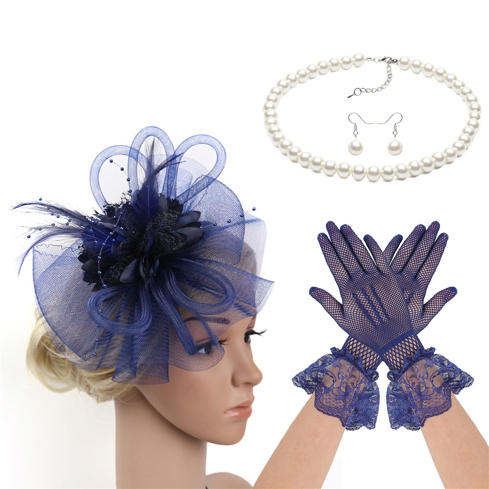 MICFENY French Hat with Neckwear Gloves Earrings 4in1 Set For Horse Racing Event and Halloween Party Dressingup Headpiece