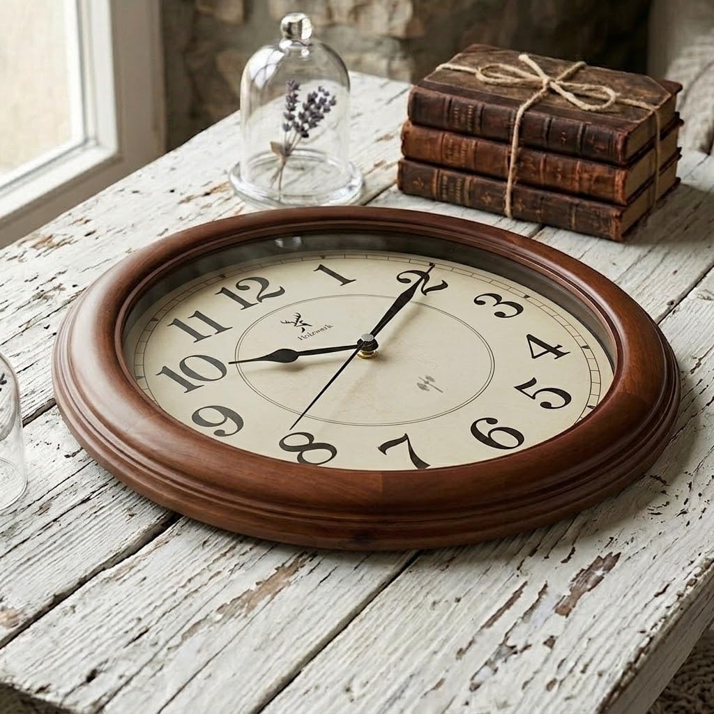 Holzwerk(Funk) 35 cm Natur Vintage Retro Holz Funk Glas Rund Wanduhr Holz-Uhr Funkwanduhr Funkuhr nahezu lautloses Uhrwerk Massivholz 14 Zoll Braun Beige große Ziffern (HW.Braun.)