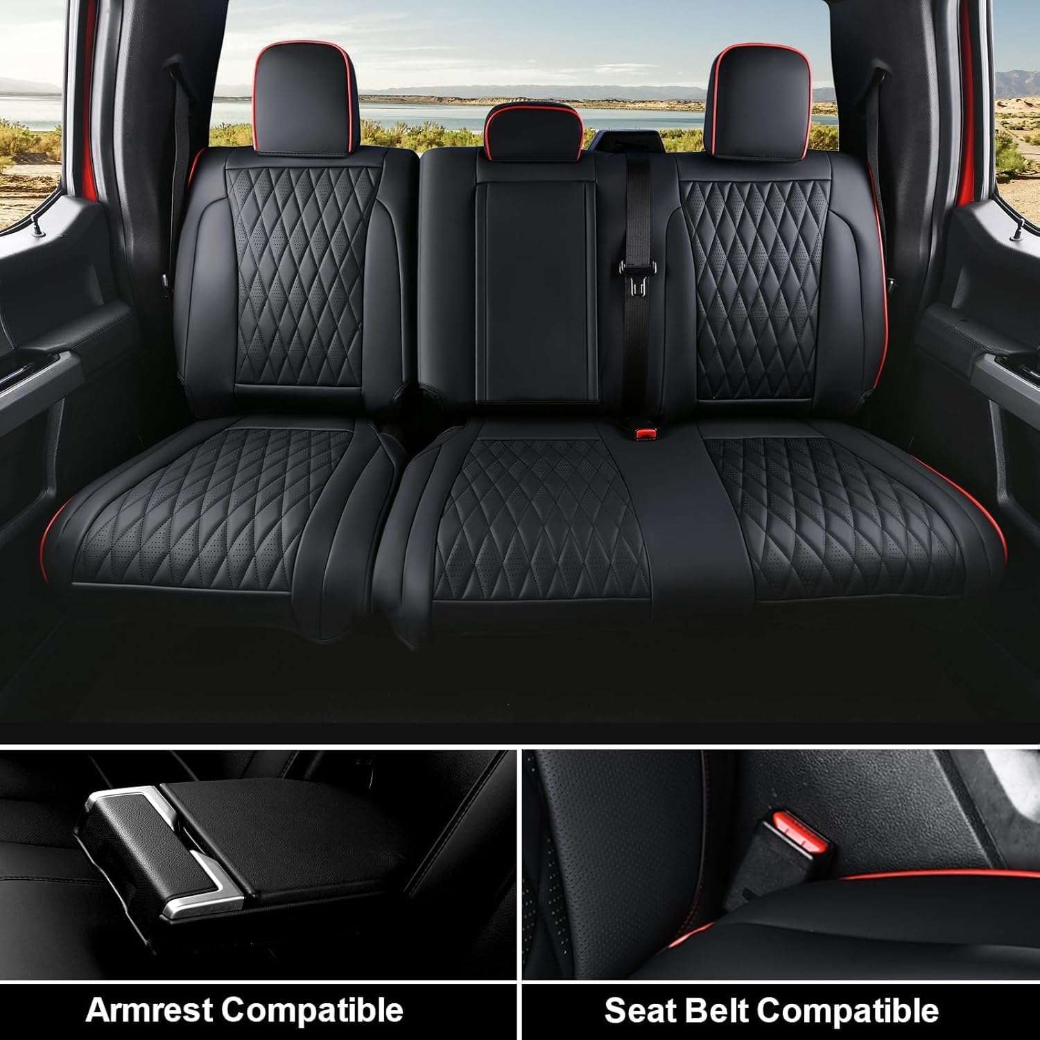 Coverado Leather Seat Covers Full Set for Ford F150F250F350F450(2015-2026)Waterproof Automotive Cushion Covers for Pick-Up Trucks Custom Fit for F150 SuperCrew&F250–F450 Super Duty Crew Cab(Red Line)