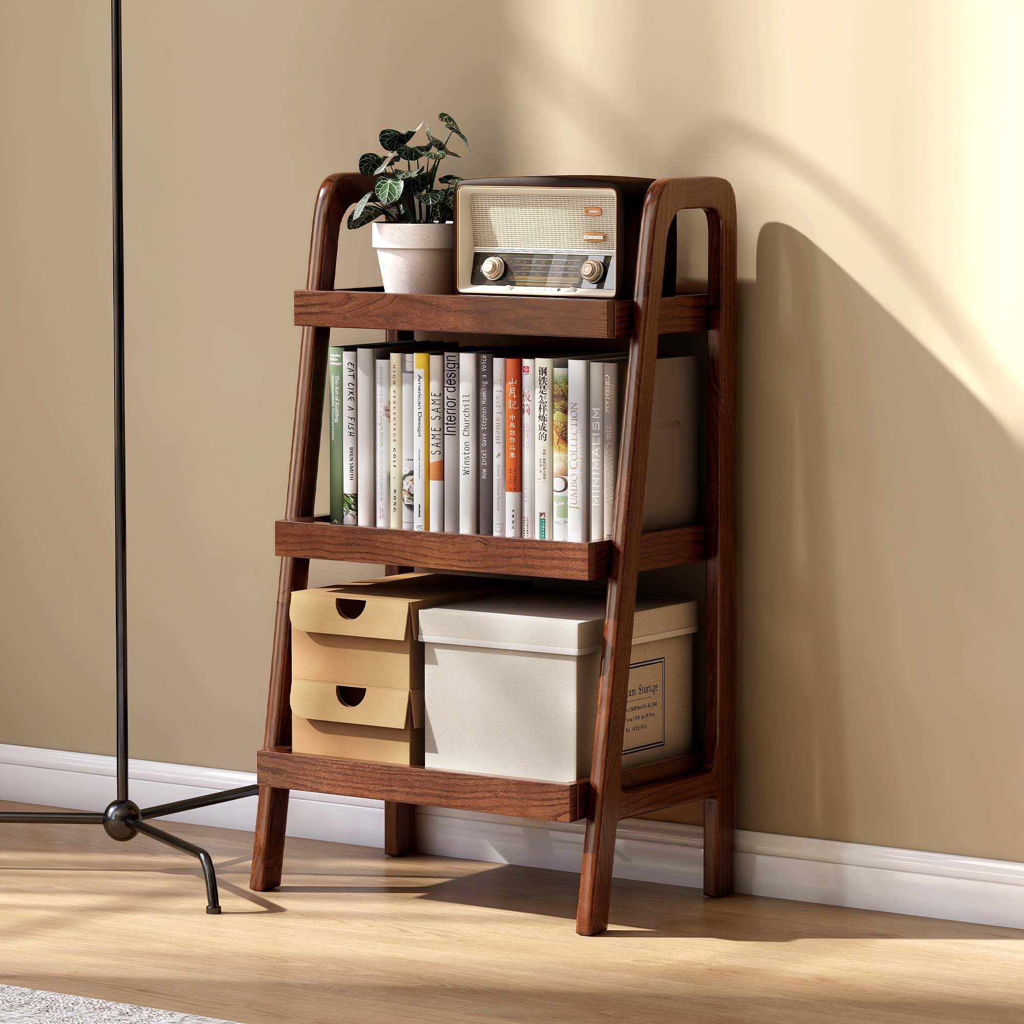 YESWOOD Solid Oak End Table with 3 Tier Storage Shelves, Walnut Finish Ladder Shelf Side Table for Bedroom Living Room, Small Bookshelf Plant Stand, FAS Red Oak Furniture