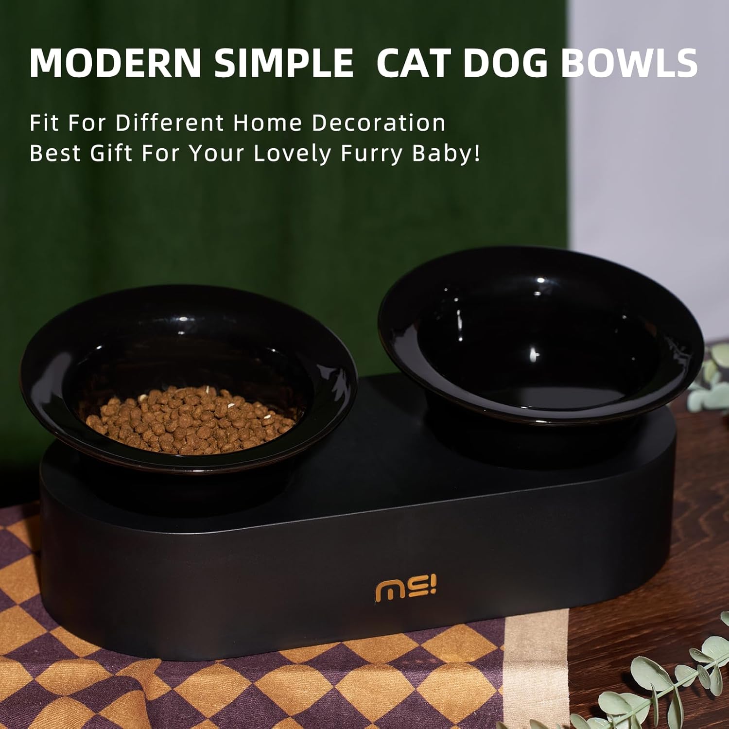 MS!MAKE SURE Raised Cat Bowls Set - Ceramic Dishes with Non-Slip Stand, 9° Tilted, Lead & Cadmium Free, for Small Dogs and Cats, 6.5" Wide - 2 x 320ML (10.8 oz), Black