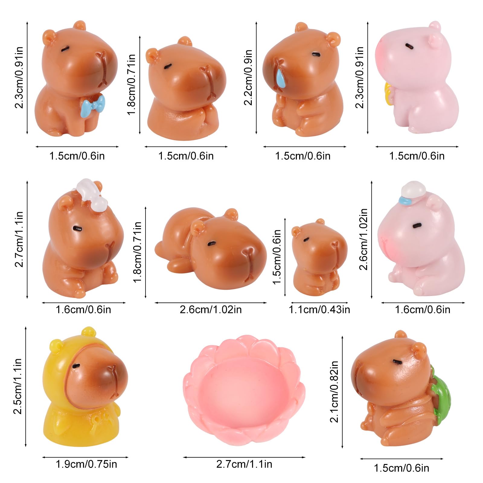 lasuroa 11szt Mini Figurki Kapibary, Super Urocze Miniaturowe Żywiczne Kapibary Małe Małe Zwierzęta Ozdoby na Torty Dekoracje Pulpitu Samochodu Deski Rozdzielczej Domku dla Lalek i Ogrodu Wróżek