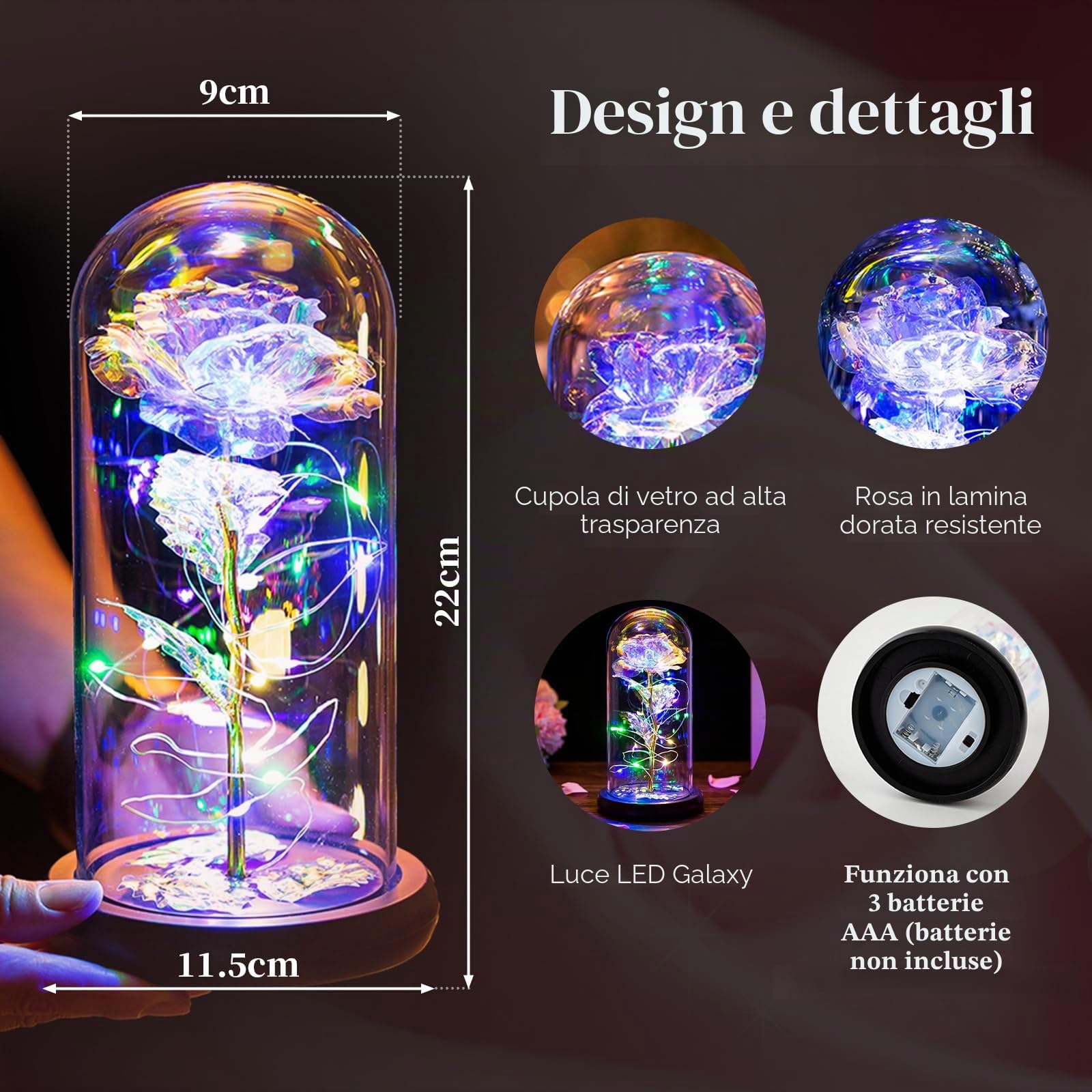Glasseam La Bella E La Bestia Rose In Cupola Di Vetro Luci A LED Crystal Rose Fiori Regalo Per Compleanno Anniversario San Valentino Matrimonio Fidanzata Moglie Donne