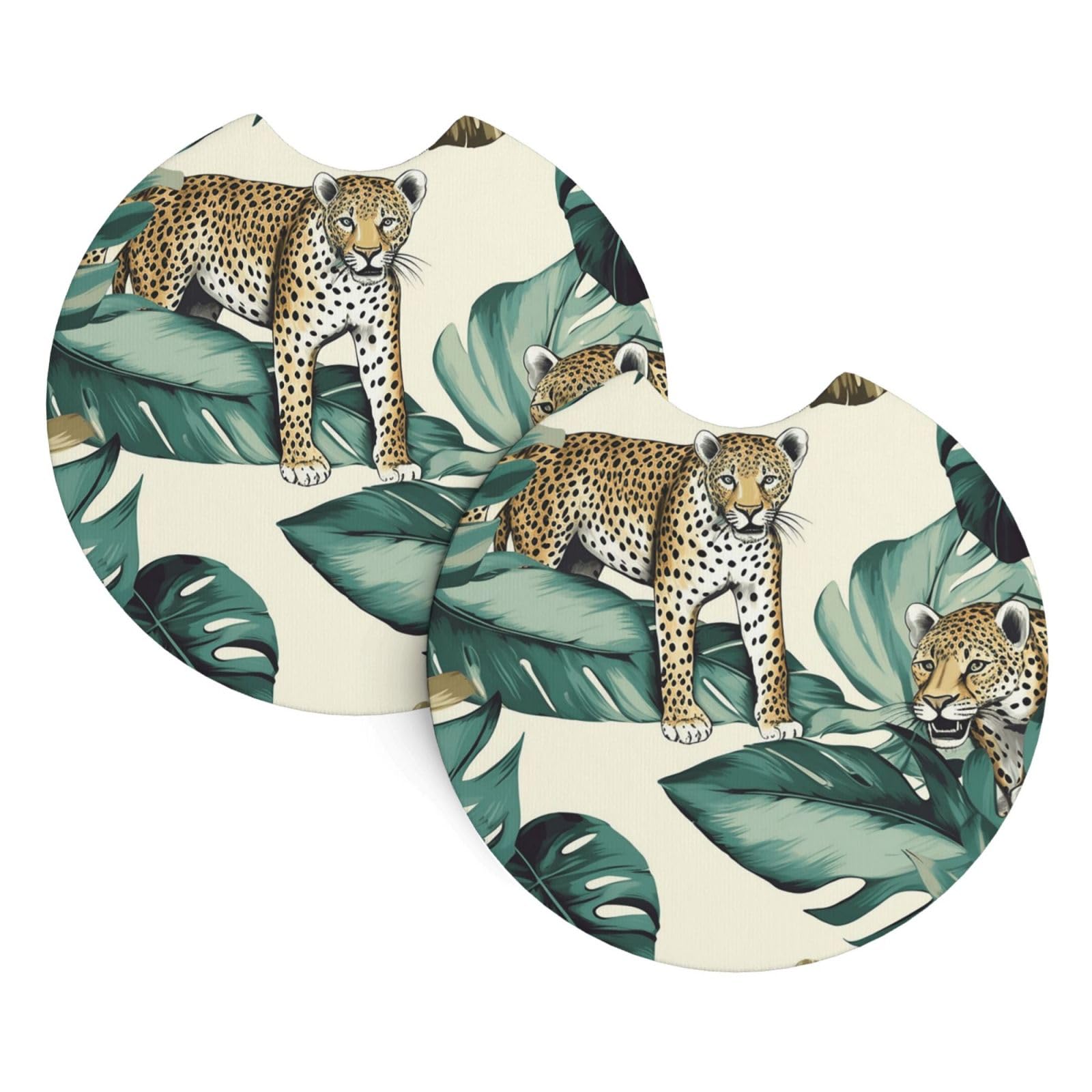 2 Pack Car Coaster for Cup Holders Leopard and Palm Leaves Car Cup Coaster 2.7" Neoprene Non-Slip Automotive Cup Mat Universal Auto Car Interior Accessories for Women Men Cup Pad