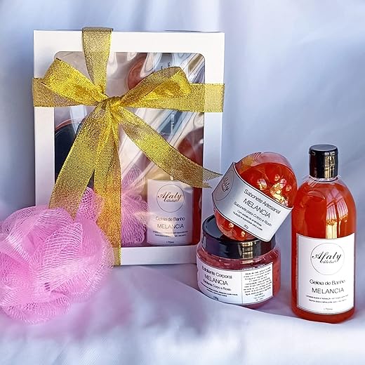 Kit Presente: Geleia de Banho 170ml + Esfoliante Corporal 130g + Sabonete Hidratante 80g + Esponja + Caixa com Laço | Melancia