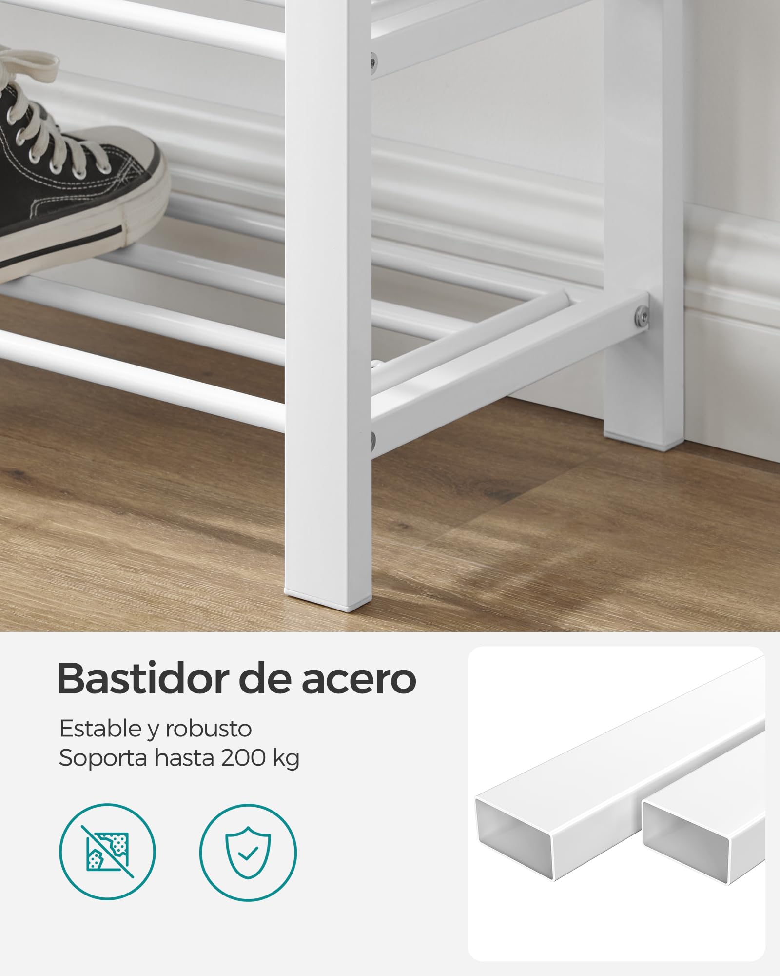 SONGMICS Banco Zapatero, Zapatero de 3 Niveles, Organizador Zapatos con Asiento Acolchado de Espuma, Lino, Marco de Metal, para Sala de Estar, Pasillo, 31 x 81 x 49 cm, Blanco y Gris LBS057W03