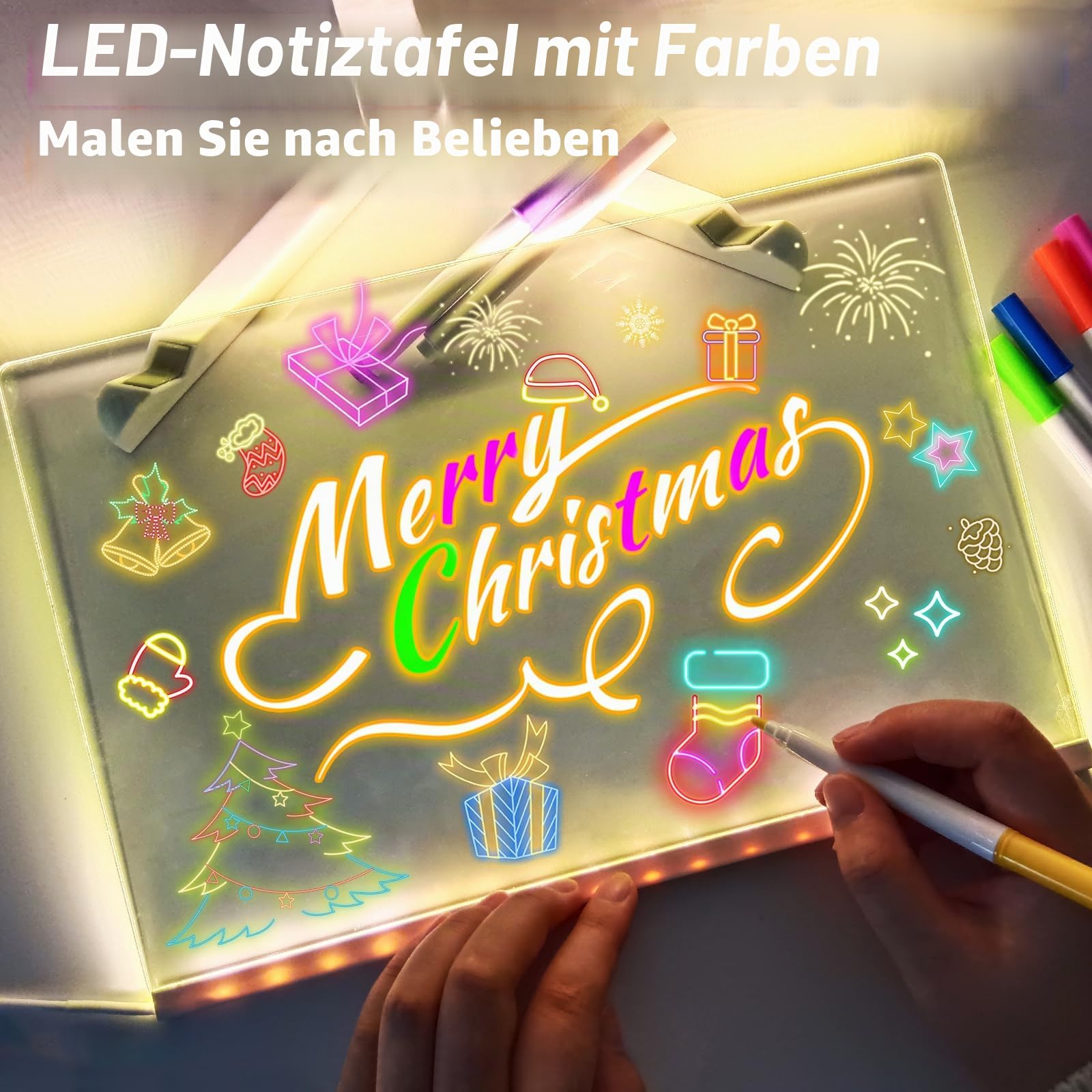 Led Maltafel Kinder mit Ständer/7-Farben-Stift, Acryl Transparente Maltafel Praktische Memo und Zeichenplatte Leuchttafel Notiztafel Glow Board für Schule Zuhause Schreibtisch Büro Café