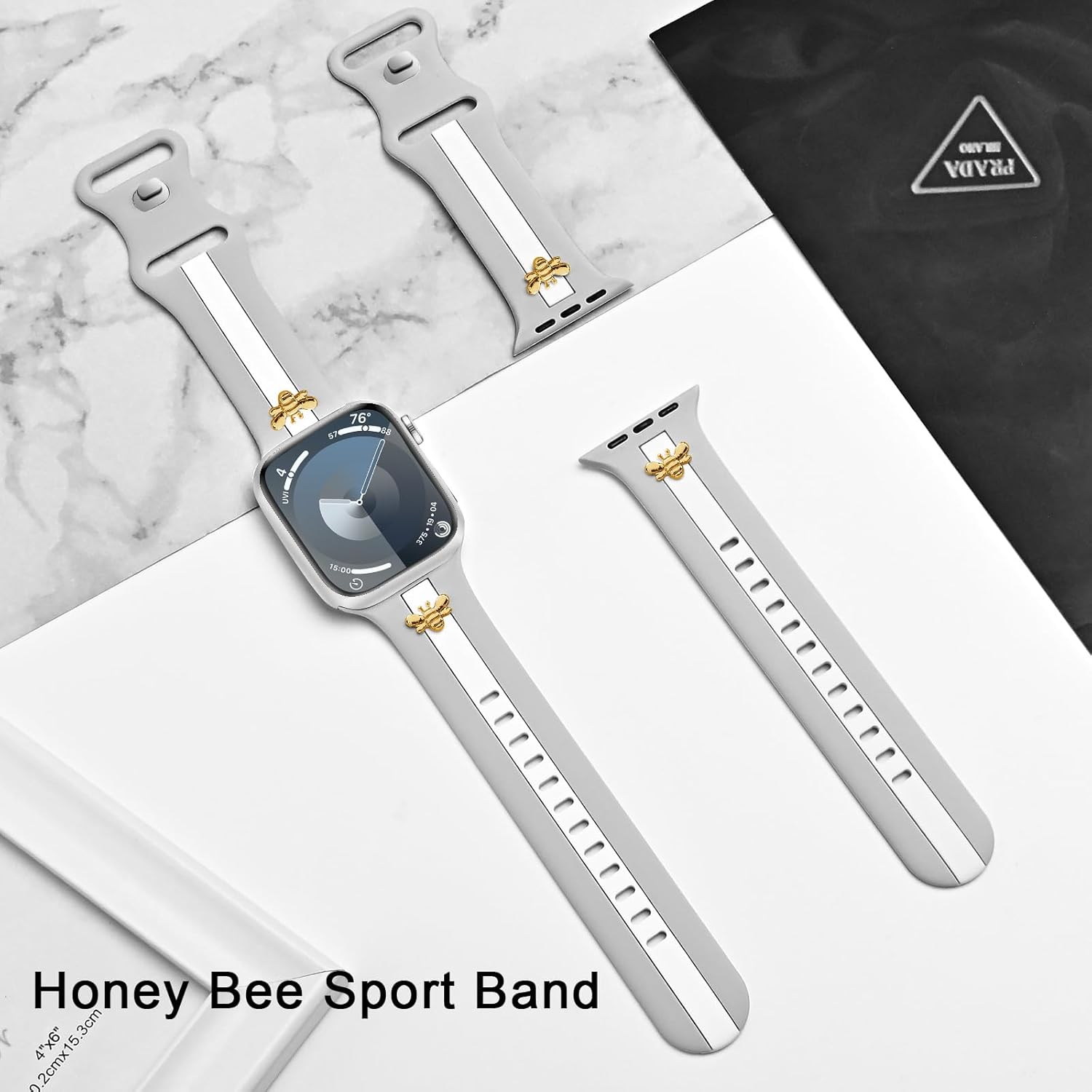 Silicone Strap for Apple Watch Bands 40mm 38mm 41mm 42mm, Stylish Bracelet with Gold Honey Bee Charms for iWatch Series 11 10 9 8 7 6 5 4 3 SE, Designer Sport Wristbands for Apple Watch Bands Gray White - Image 2