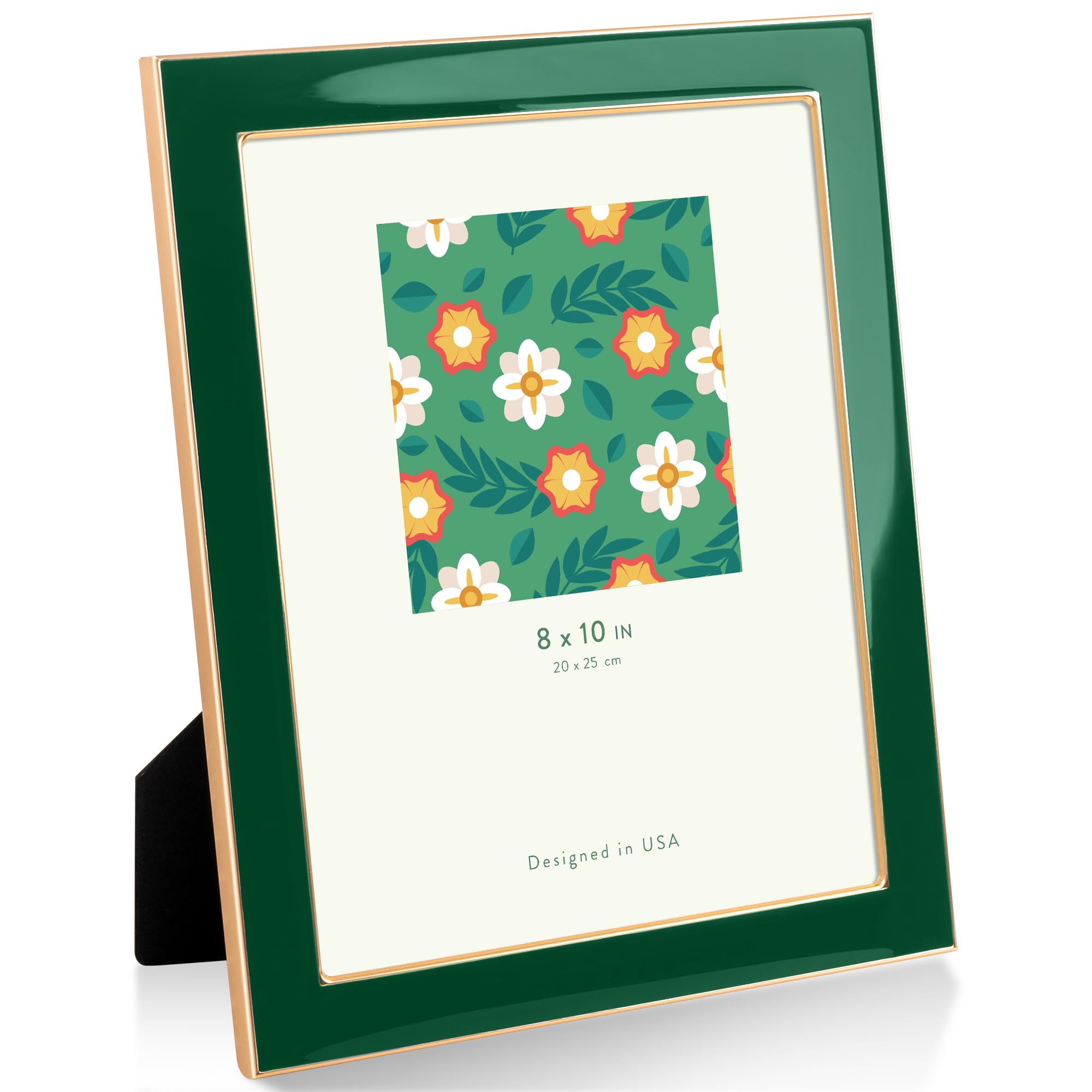 8"x10"(20x25cm) Enamel Picture Frame with Gold Metal Edge, HD Tempered Glass Photo Frame with Velvet Back & Easel Stand for Wall or Tabletop Display Family Office Photo Gallery, Green