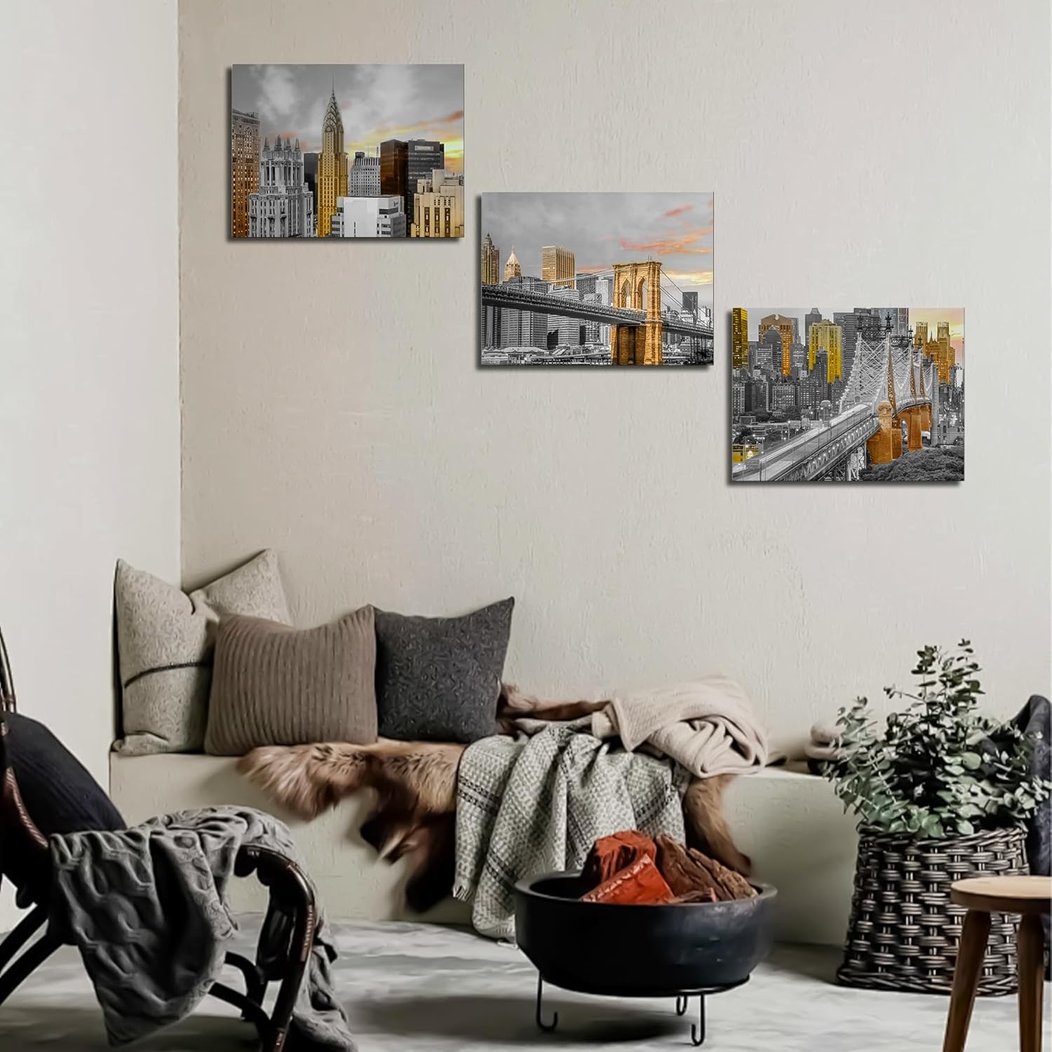 Sepwrol New York City Canvas Wall Art, Modern Grey and Gold NYC at Gold Sunset Cityscape Printing Artwork for Home Living Room Bedroom Office Wall Decor, 12"x16"x3