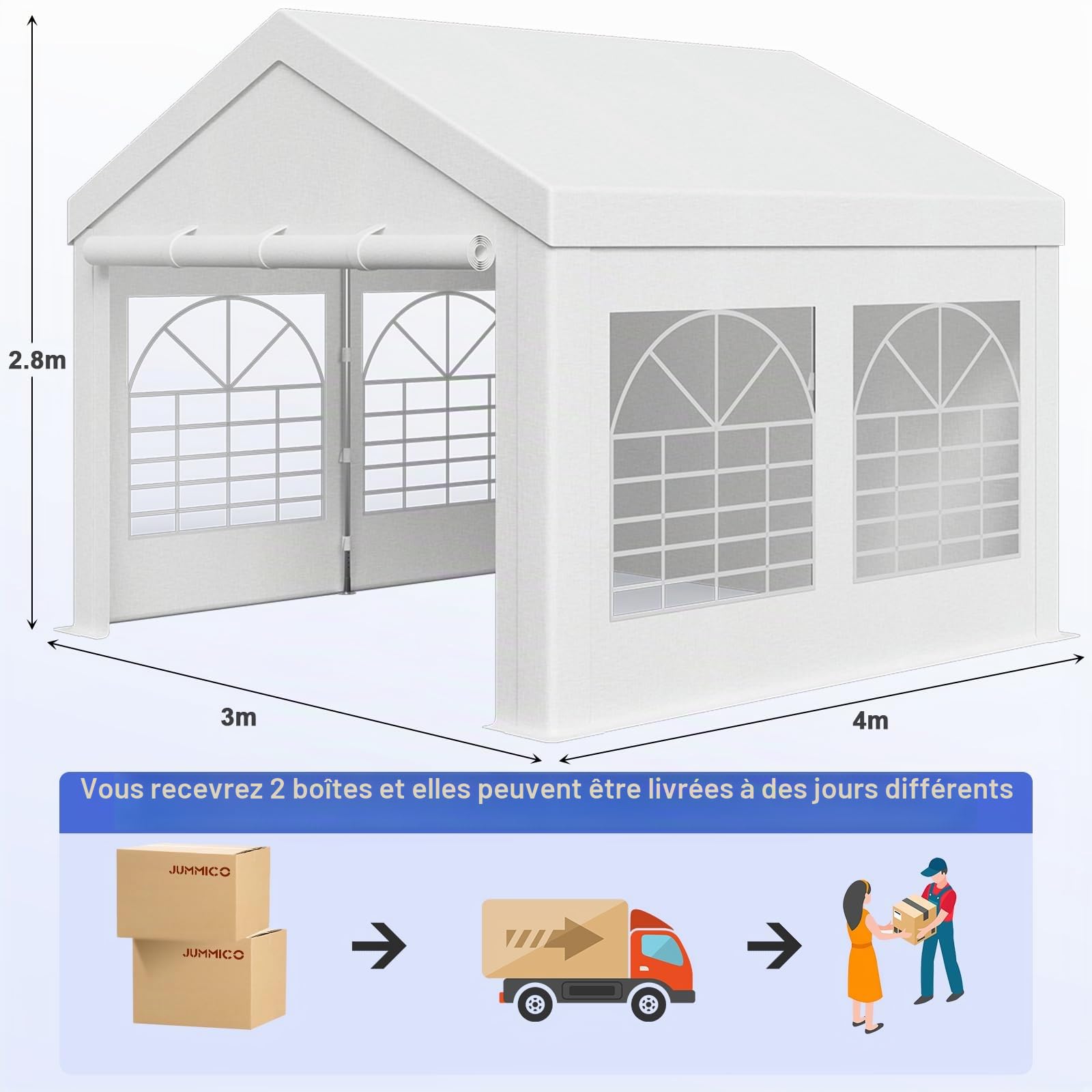 JUMMICO Tente de réception 3x4 m,Tonnelle de Jardin Exterieur Bâche PE 450 N Imperméable,Barnum avec Verzinkter Stahlrahmen, Tente voitureTonnelle de jardin pour Jardin, Fête, Festival, Mariage, Blanc
