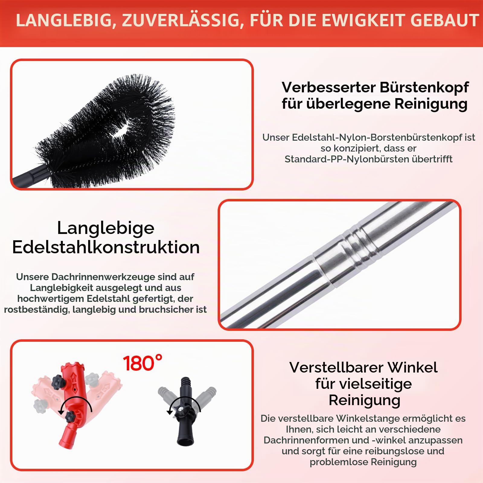 4m Teleskop Dachrinnenreiniger Kit mit Rechen Schaufel und Dachrinnenbürste, 180° Schwenkbarem Kopf Dachrinnen Reinigungswerkzeug von Blättern, Schmutz, Fenstern, Keine Leiter Benötigt