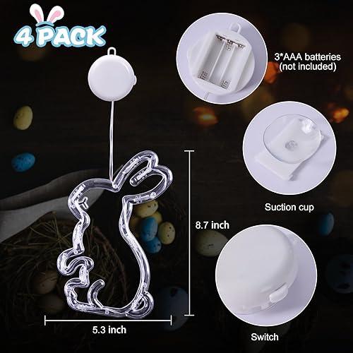 Miniatura 10 de LYUBASA Paquete de 4 luces de ventana de Pascua con temporizador, funciona con pilas, multicolor, iluminado, conejo, zanahoria, huevo, lechón,
