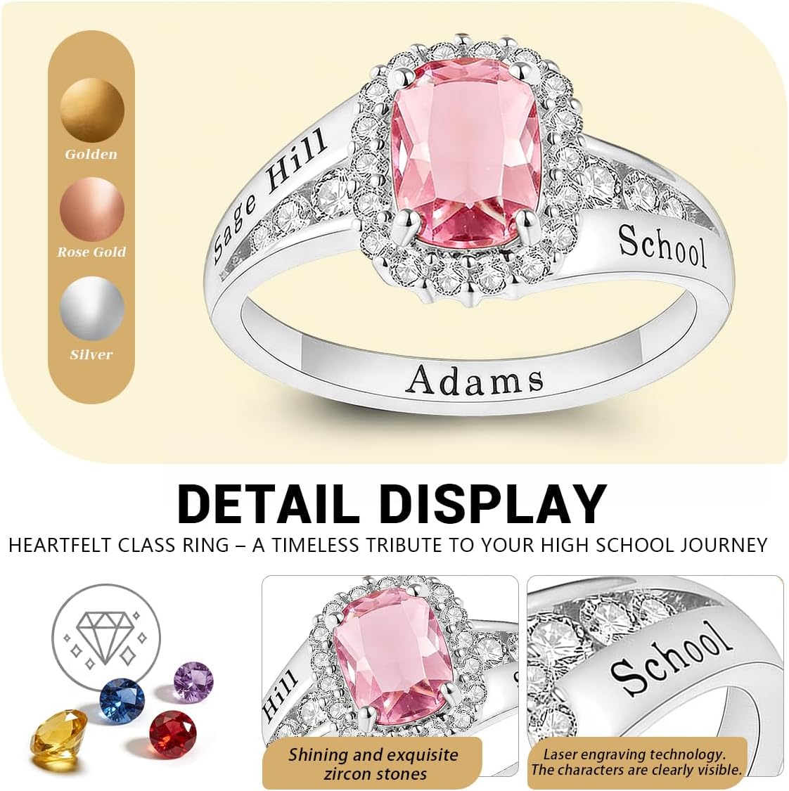 Personalized 10kt White Gold Class Ring with Cubic Zirconia Birthstone Women's Graduation Customizable Women's Class Ring High School & College Sizes 5-15