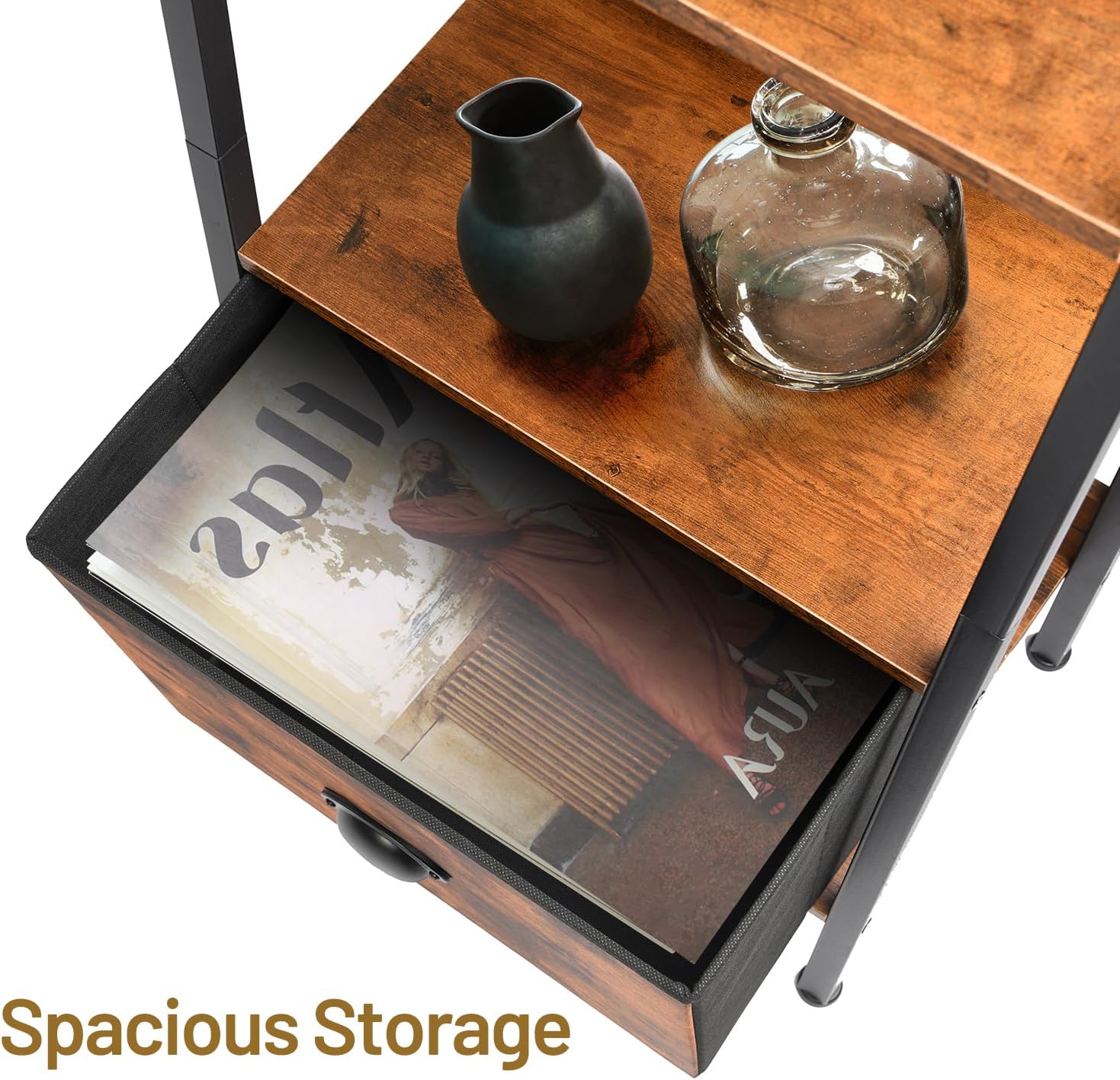 Ladder Shelf, Ladder Bookshelf 5-Tier with Removable Drawer, Rustic Bookcase Storage Rack Organizer, Wood Metal Freestanding Storage Shelves for Living Room, Home Office, Bedroom, Kitchen, Brown