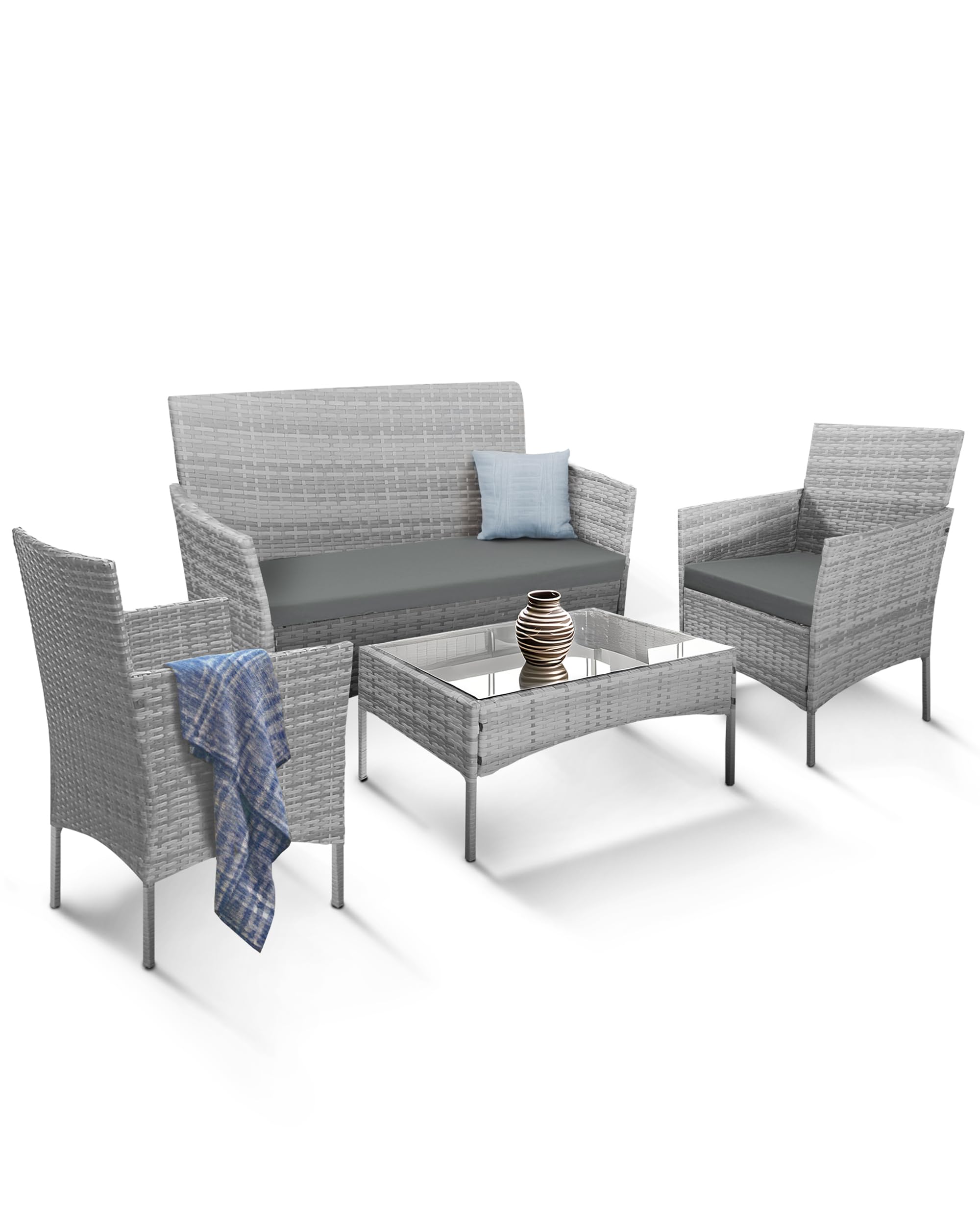 KEPLIN 4 Piece Rattan Garden Furniture Set – Outdoor Sofa, 2 Chairs & Tempered Glass Coffee Table, Durable Weather-Resistant Wicker Patio Lounge Set with Cushions for Garden, Balcony & Patio (Grey)