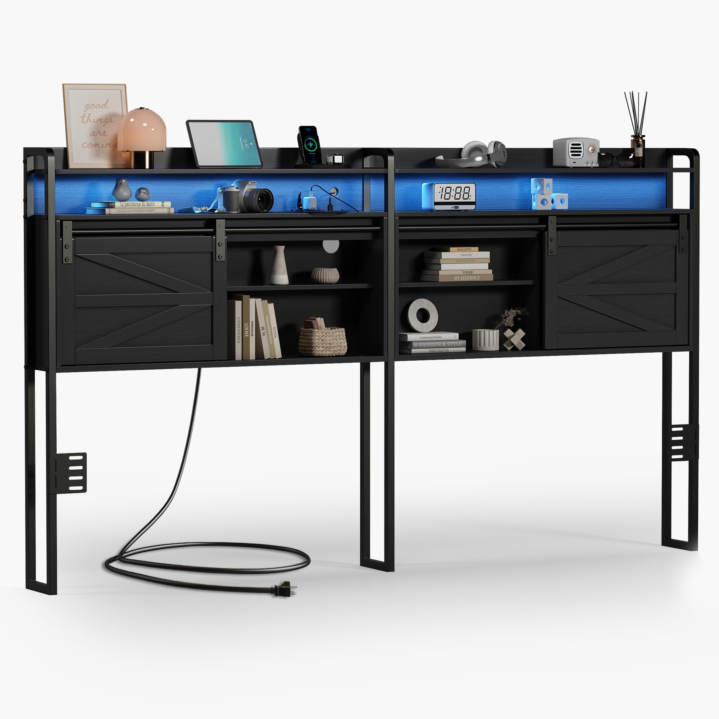 wanan King Size Headboard with Storage, 3 Tier, Outlets, USB Ports, LED Light, Sliding Barn Doors, Width Adjustable, Rustic Black