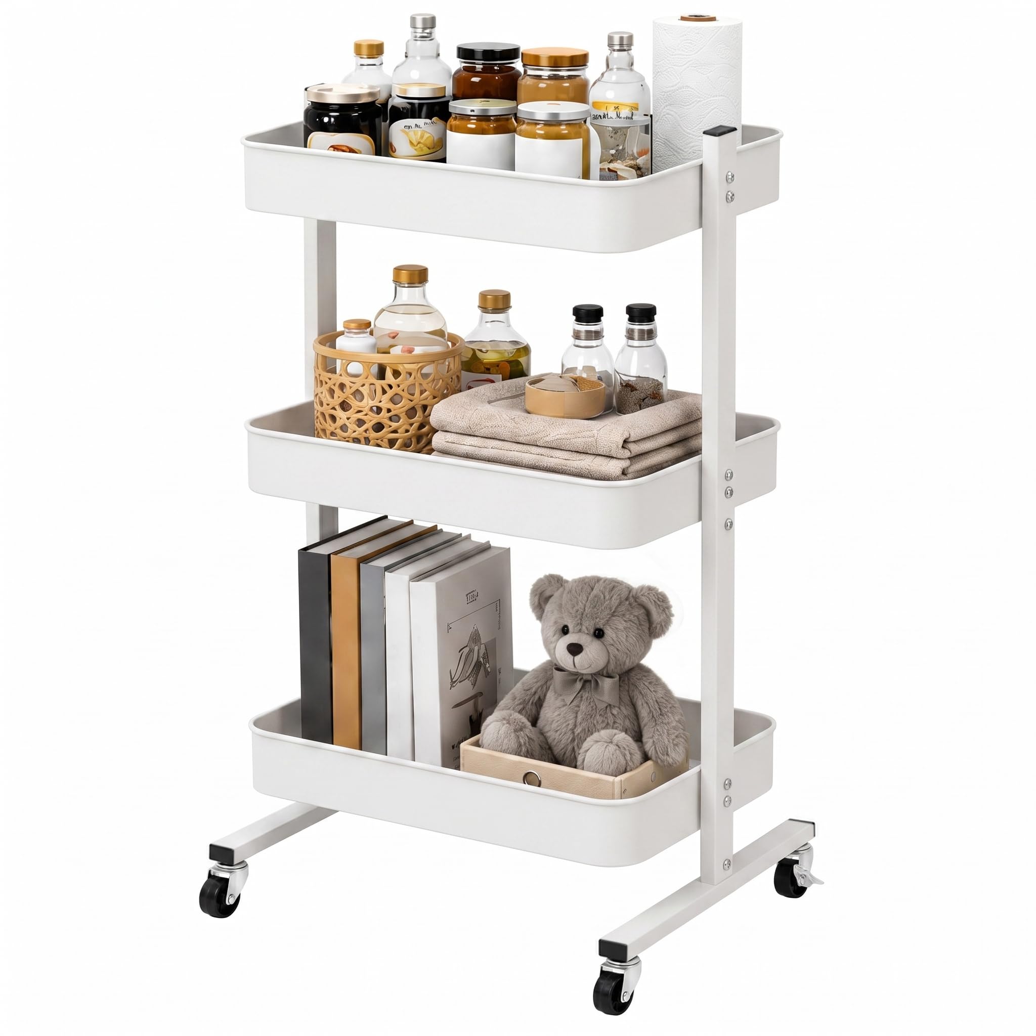 ZOESTORAGE Storage Trolley on Wheels, 3 Tier Trolley for Living Room Kitchen Laundry, Metal Craft Trolley for Book,Veg,Snack,White