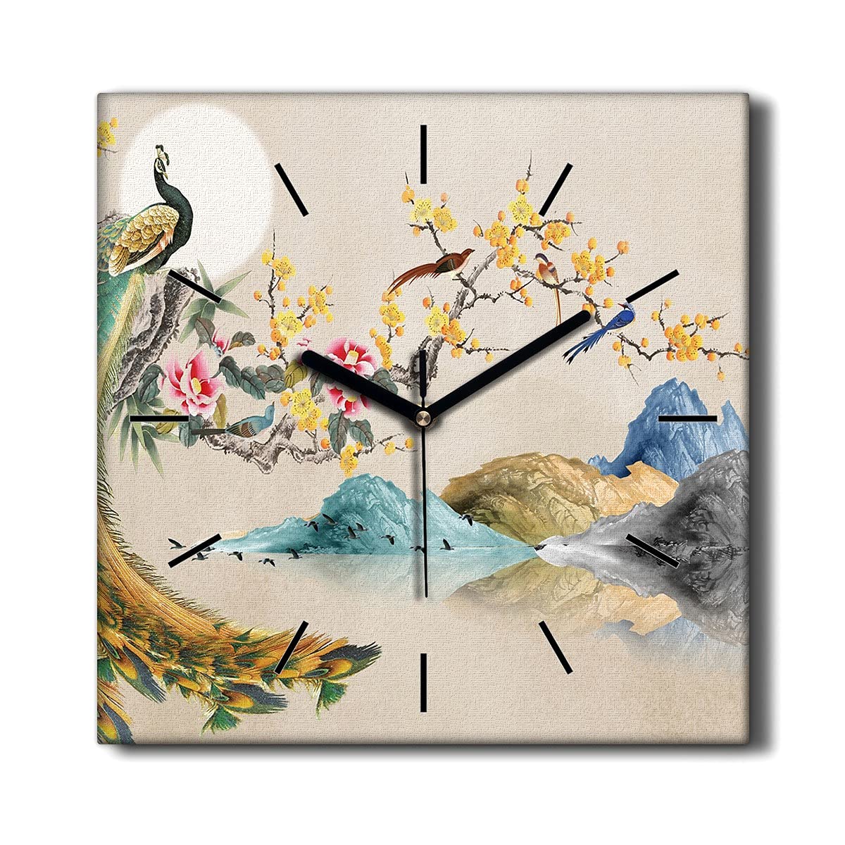 Horloge sur toile salon décoration montagne paon fleurs format 30x30