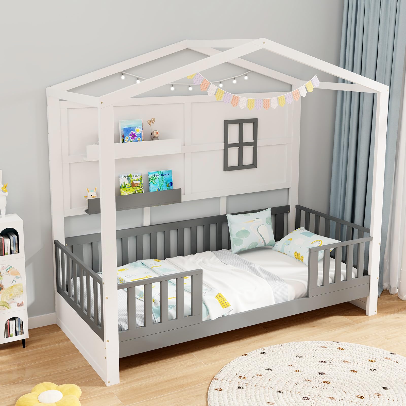 COSTWAY Letto per Cameretta a Forma di Cassetta 90 x 200 cm, per Bambini Struttura di Legno di Pino, Letto Casetta Montessori con 2 Ripiani Mensole e Protezione Anticaduta, Bianco e Grigio