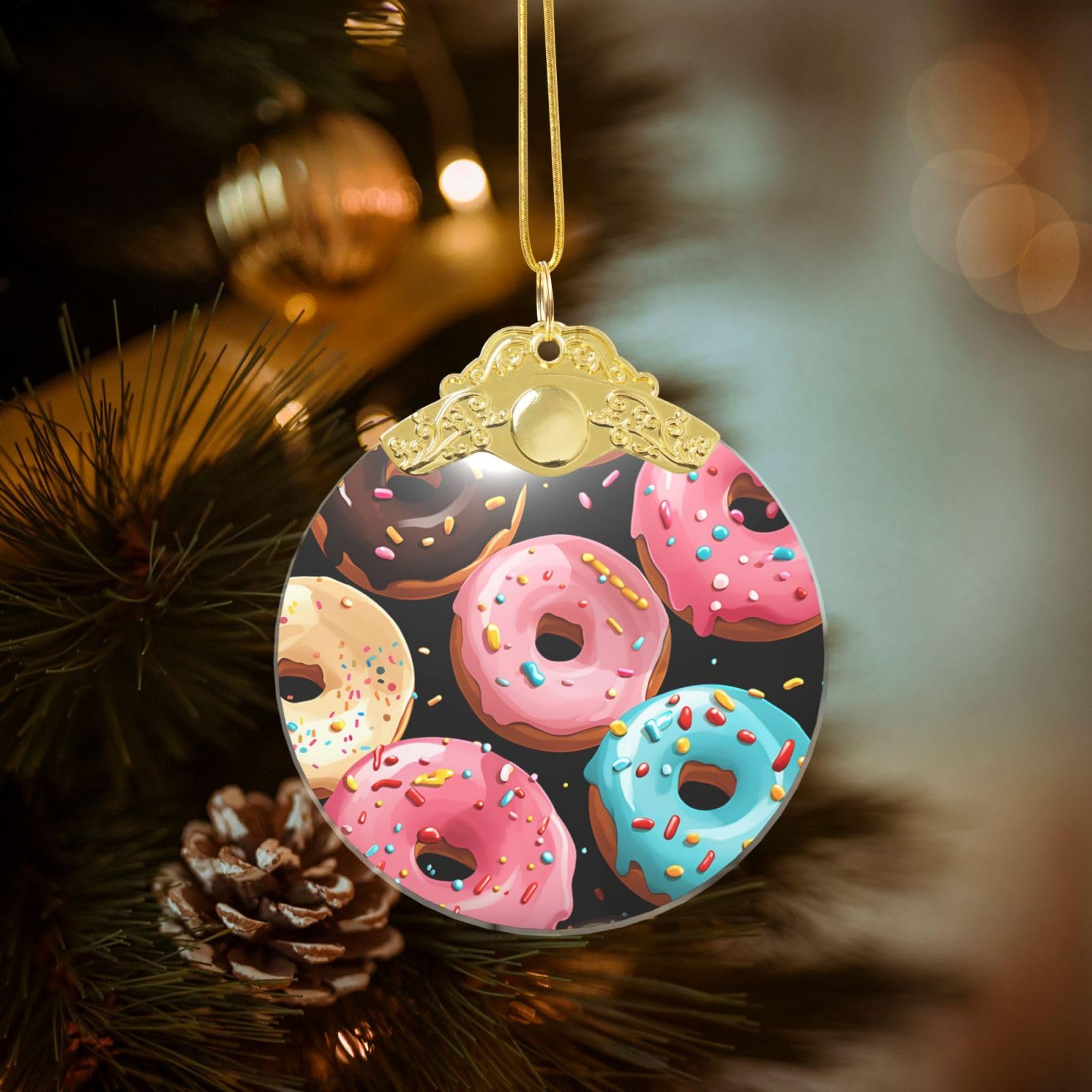 Donuts Christmas Ornament 2025, Round Glass Xmas Hanging Pendant for Xmas Tree Decoration,Cute Holiday Hanging Decorations Keepsake for New Year Family Party Wedding Decor