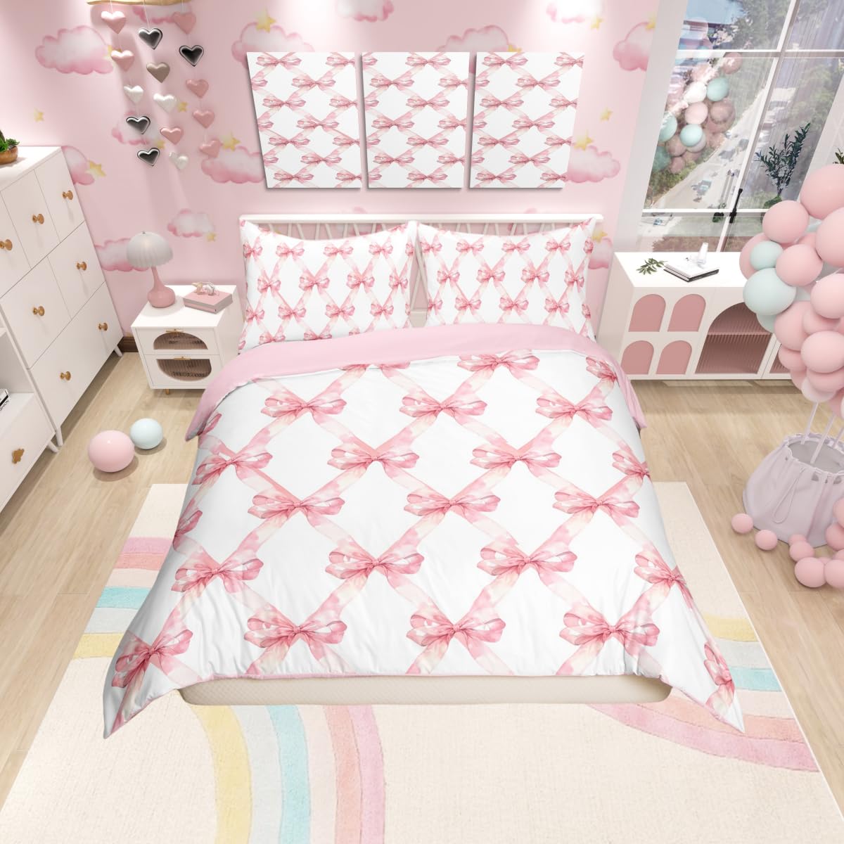 Manfei Pink Bowknot Bedding Set Dreamy Princess Style Kids Girls Comforter Cover(No Filler) for Kids Teens Bedroom Decor Watercolor Bow Geometric Grids White Duvet Cover Bedspread Full Size
