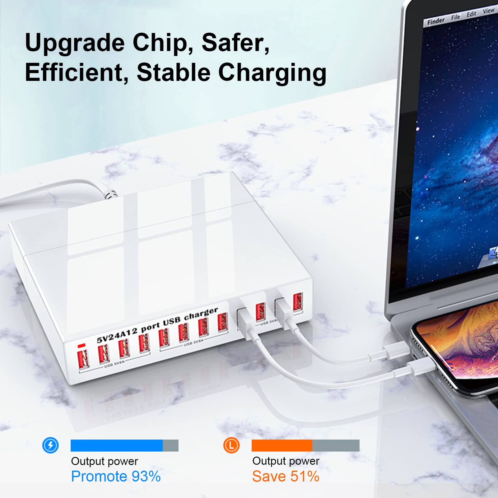 12-Port-USB-Ladestation, intelligente Shunt-LED-Anzeigeleuchte, automatische Erkennung, USB-Lade-Hub, Ladestation für mehrere Geräte, 100 bis 240 V