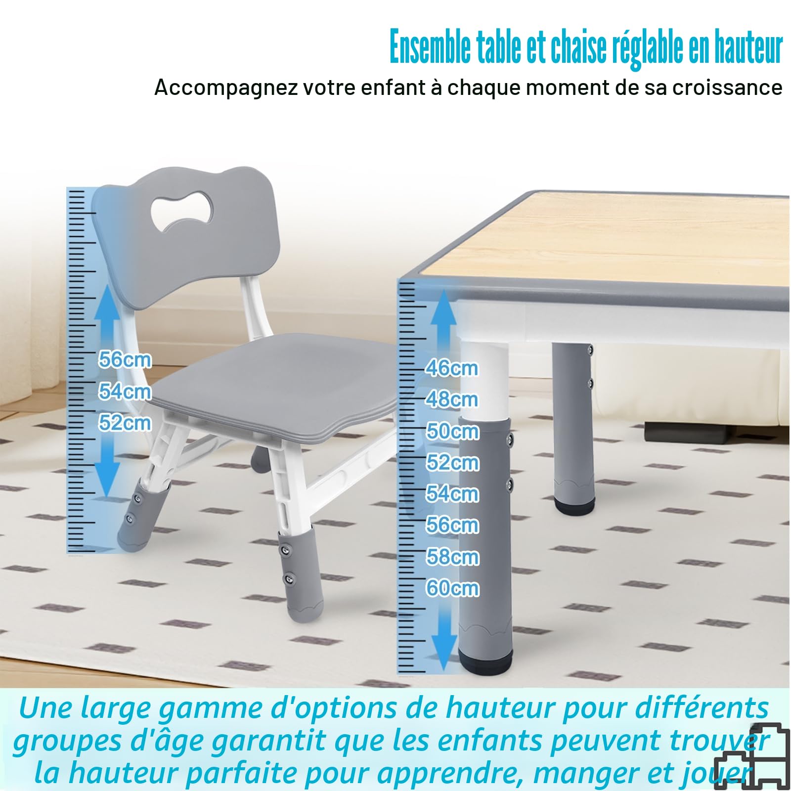 ACXIN Table pour enfants avec ensemble de 4 chaises, ensemble de table pour enfants en plastique, hauteur réglable, ensemble de meubles pour enfants table et chaises pour chambre d'enfant, crèche et