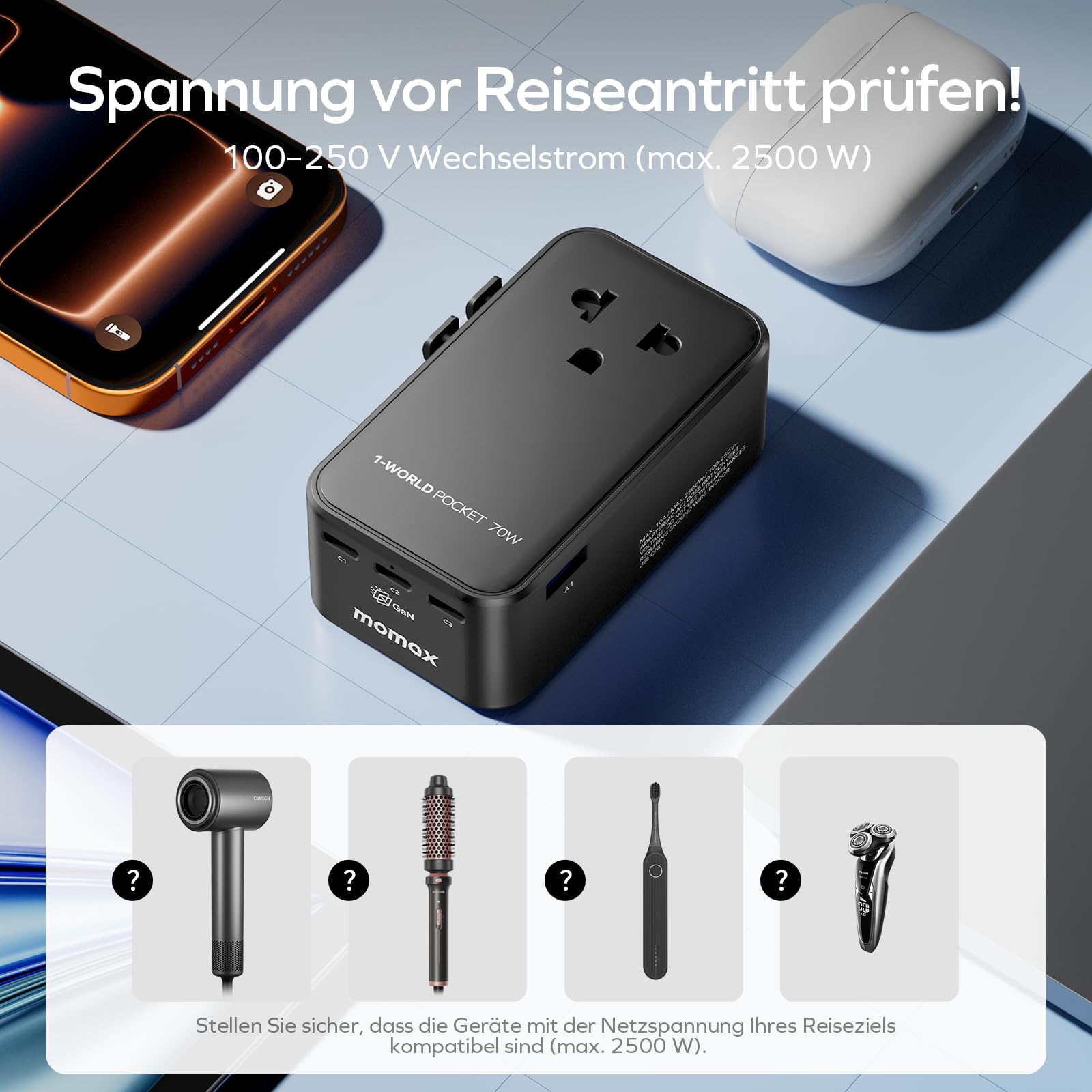 MOMAX Ultradünn Reiseadapter Weltweit 70W GaN,5-in-1 Travel Adapter Worldwide mit 3 USB C und 1 USB A,Kompakter Universal Adapter für USA, UK, England, Japan, Thailand und Australien