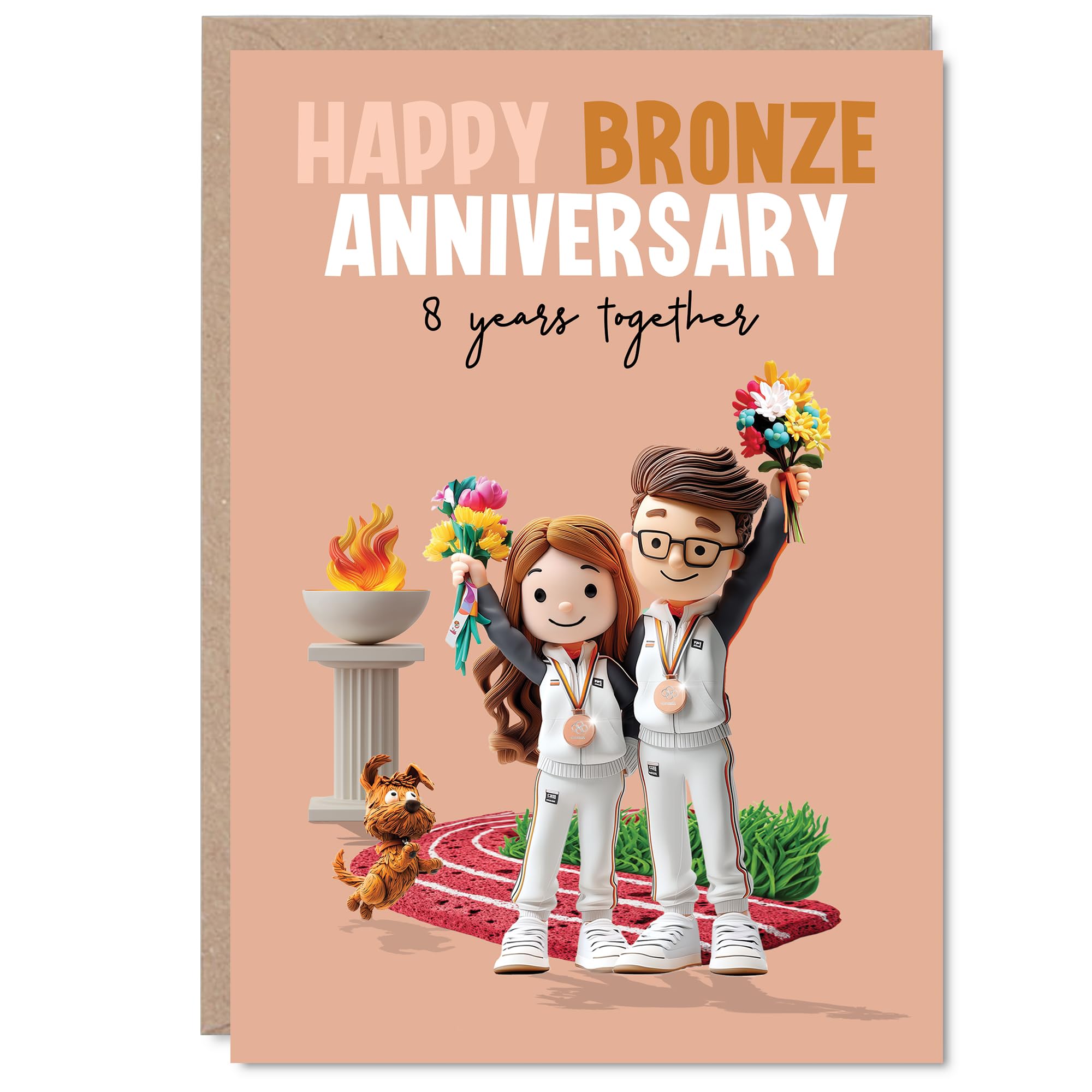 Milestone 8th Anniversary Card - Cheers to 8 Years of Fun - Festive Couple Celebrating Bronze Anniversary with Medals and Flowers - A5, Envelope Included