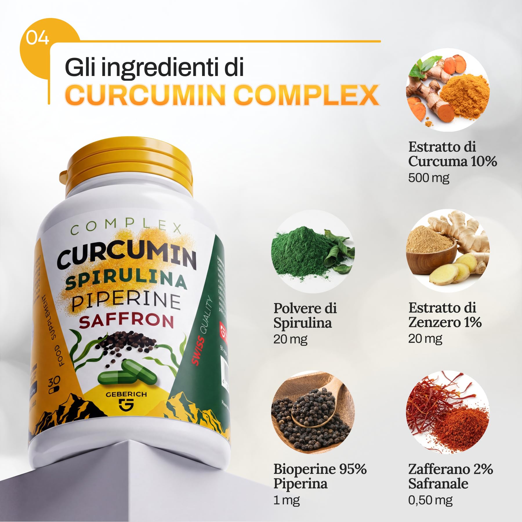 Capsule COMPLEX CURCUMIN | Supporto Anti-infiammatorio | Estratto di Curcuma 10% 500 mg, Spirulina 20 mg | Benessere Generale | con Zenzero 20 mg, Piperina 1 mg | 30 Capsule | Integratore Alimentare