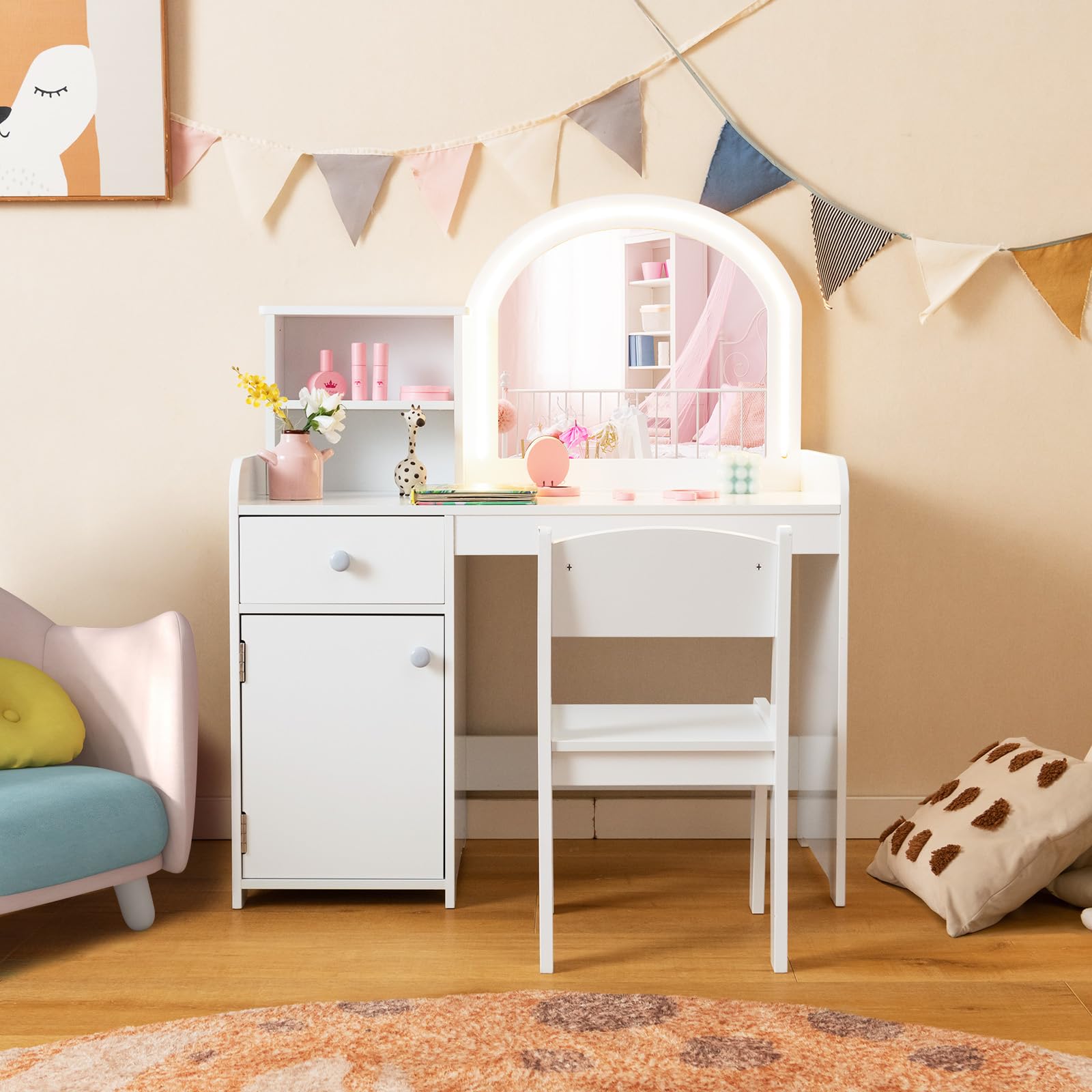 COSTWAY Tocador de Maquillaje Niña con Luces LED 2 Colores, Mesa y Silla para Niños, Espejo Acrílico Blanco