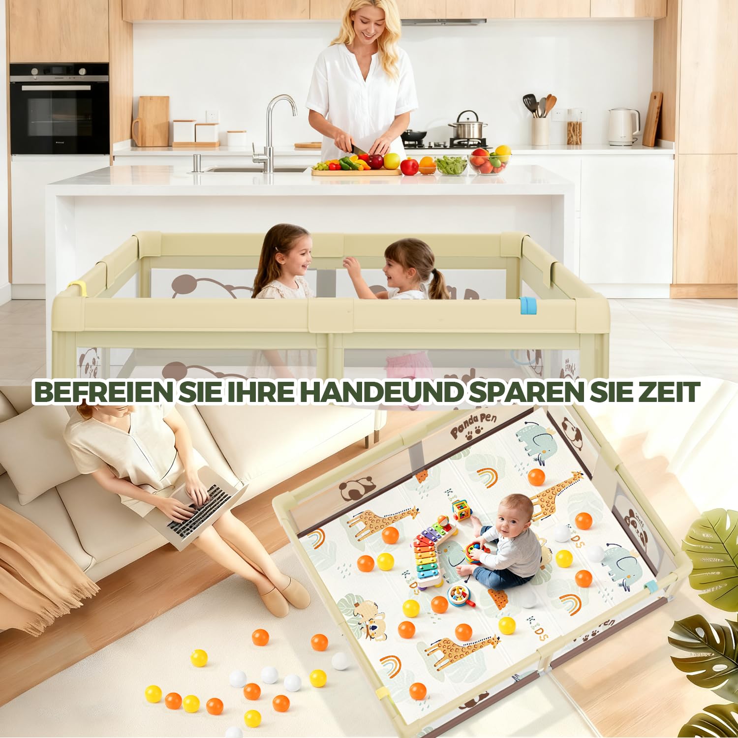 Laufstall Baby 150x180cm mit Matratze, XL Laufgitter Baby mit Rutschfestem Boden & Atmungsaktivem Netz, 210D Oxford Gewebe, Stabiler & Sicherer Babyspielplatz, Playpen, 60 Bällen, 4 Griffe
