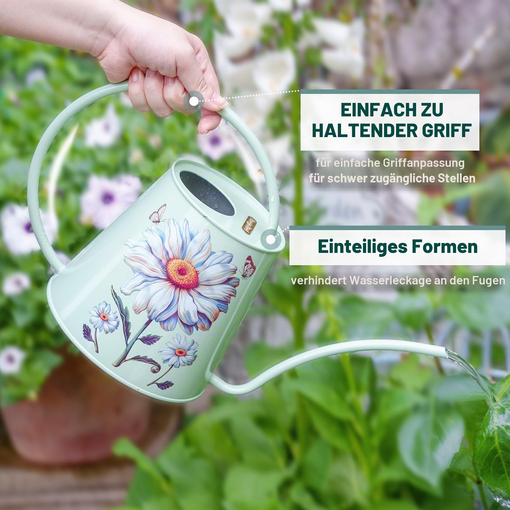 Berry&Bird Edelstahl-Gießkanne – für drinnen und draußen, große Gießflasche mit langem Auslauf, kein Tropfen, Zimmerpflanzen-Gießkanne für Blumen, Bonsai, Sukkulenten (2 l/Gänseblümchen)