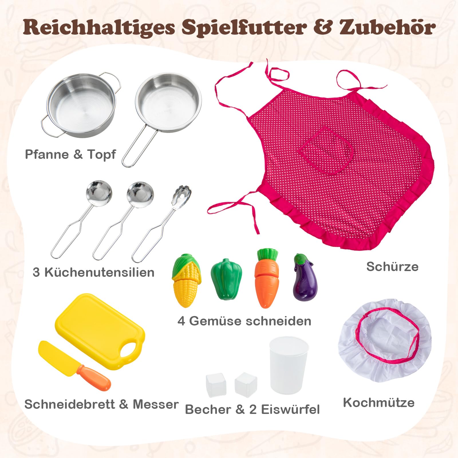 DREAMADE Kinderküche Holz mit 20 TLG. Spielzubehör, Kinder Küche Holzküche Eckküche mit Tafel Herd Spüle Backofen, Spielküche mit Licht und Sound für Kinder ab 3 Jahren