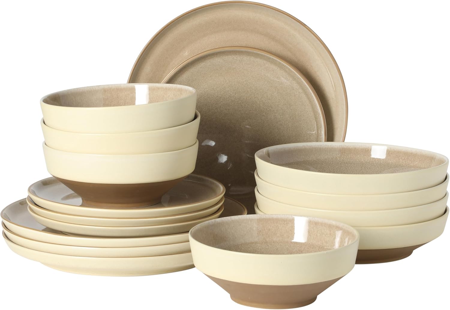 Gibson Elite Octavia Place 16 Piece Stoneware Dinnerware Set, Service for 4, Coupe Modern Plates & Bowls, Reactive Glaze Finish, Taupe, Microwave & Dishwasher Safe