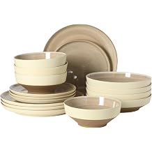 Gibson Elite Octavia Place 16 Piece Stoneware Dinnerware Set, Service for 4, Coupe Modern Plates & Bowls, Reactive Glaze Finish, Taupe, Microwave & Dishwasher Safe