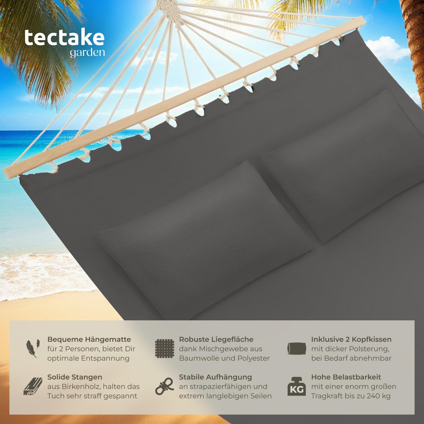 tectake® Doppel Hängematte Outdoor, XXL Stoff Schaukeltuch, Sonnenliege 2 Personen inkl. Kissen, Schaukel Outdoor mit Liege Fläche ca. 230x145cm, bis 240kg belastbar, Hängeschaukel - dunkelgrau