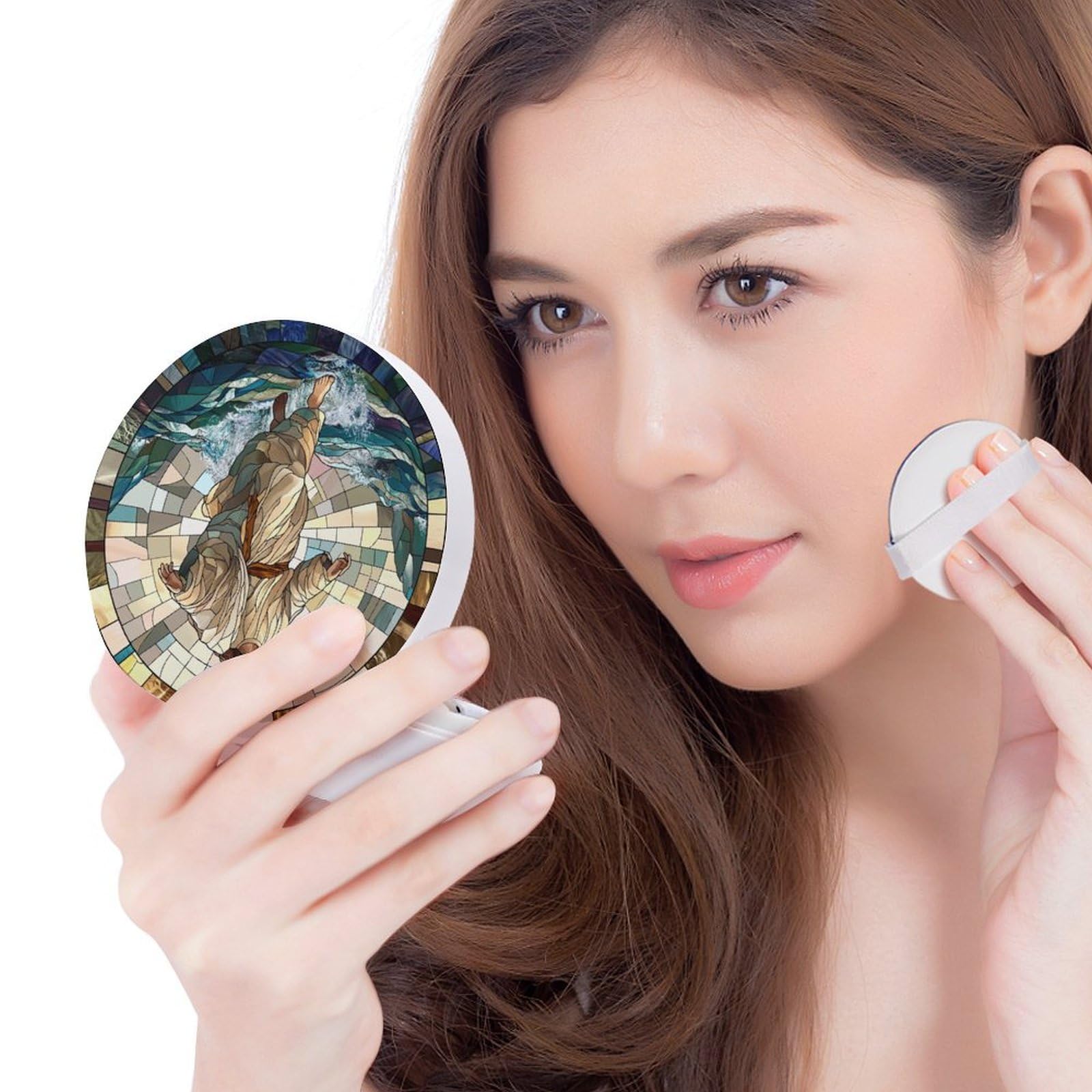 Hayyett Christ Jesus Walking on Water Stained Glass Air Cushion Puff Box Portable Cosmetic Makeup Case Container,Loose Powder Foundation Container