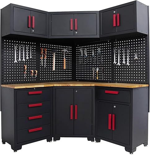 Sistema de almacenamiento de armario de garaje rojo, juego de taller de esquina de 10 piezas, armario de garaje y sistema de almacenamiento para