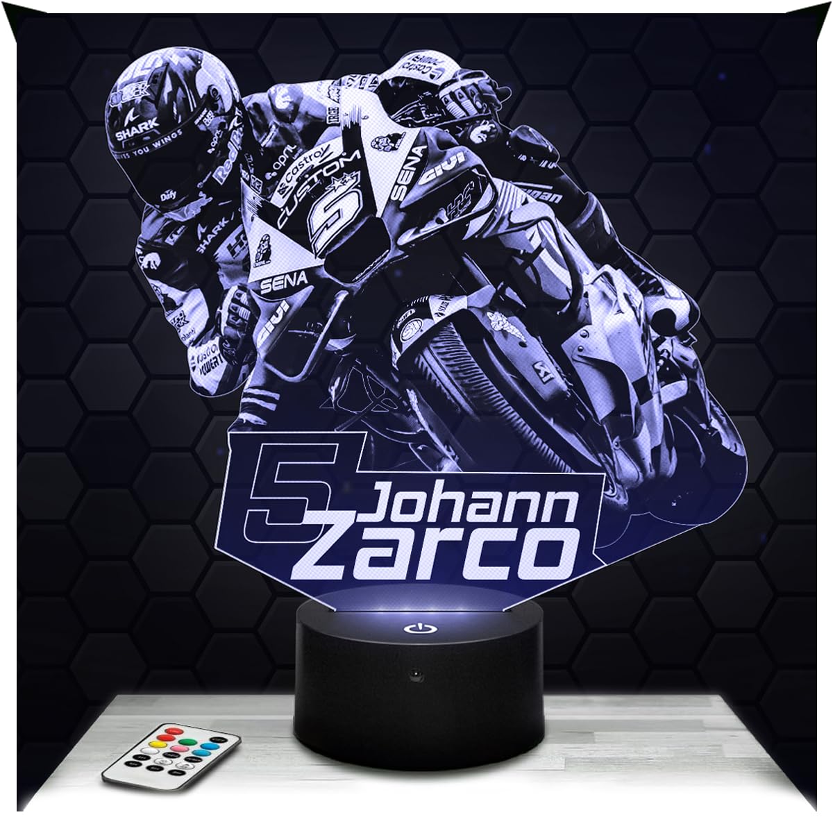 Lampephoto.fr - 3D Lamp Johann Zarco LCR Motorcycle Rider, Touch LED Night Light, 3D Hologram Effect, Christmas Birthday Gift Idea for Men, Bedroom Decoration Object