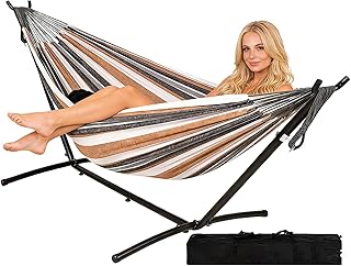 Double Hammock with Stand Heavy-Duty Space Saving Steel Stand Outside Garden Yard Outdoor 600lb Capacity Easy Assembly Hammocks and Portable Carrying Bag,Perfect for Indoor,Yard (Coffee)