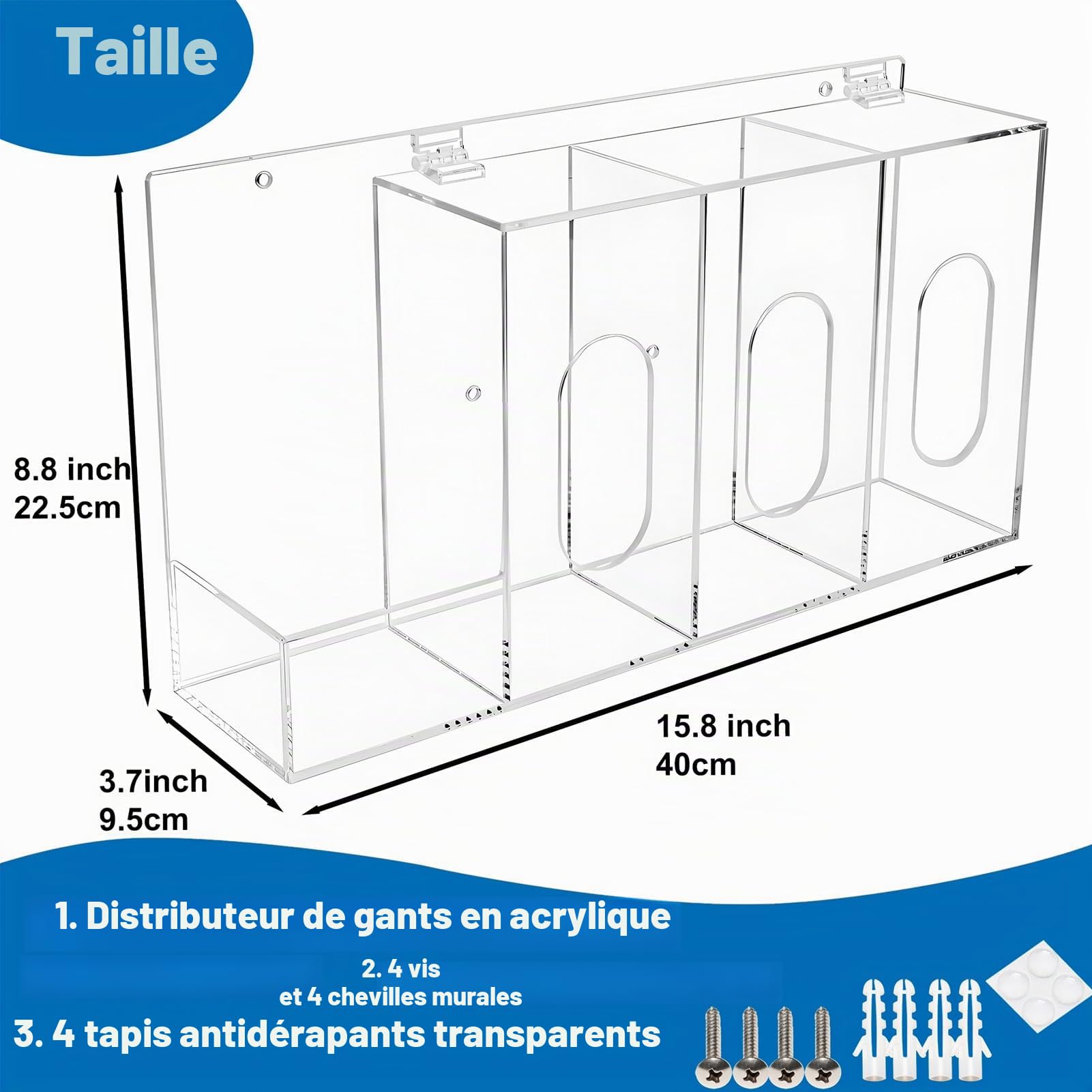 SEANADO Station d’Hygiène Murale en Acrylique – Distributeur de Gel Hydroalcoolique & Gants Jetables avec Couvercle, 4 Compartiments pour Masques, Charlottes & Surchaussures