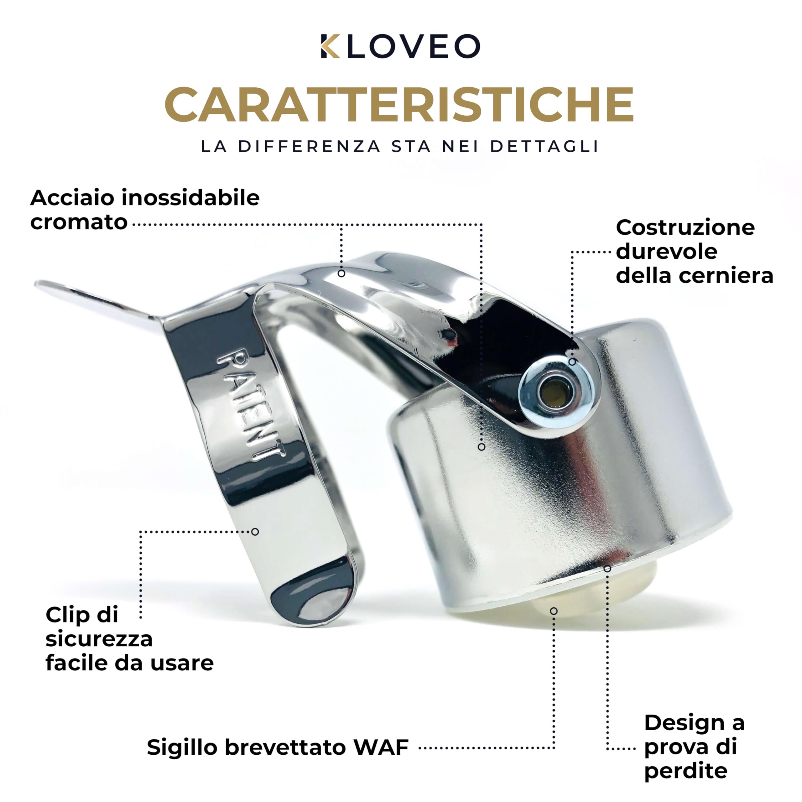 Tappo per Champagne Kloveo - Tappo per Bottiglie WAF Professionale per Champagne, Cava, Prosecco, e Spumante - Tenuta Brevettata (Senza Pompa a Pressione) - Prodotto in Italia