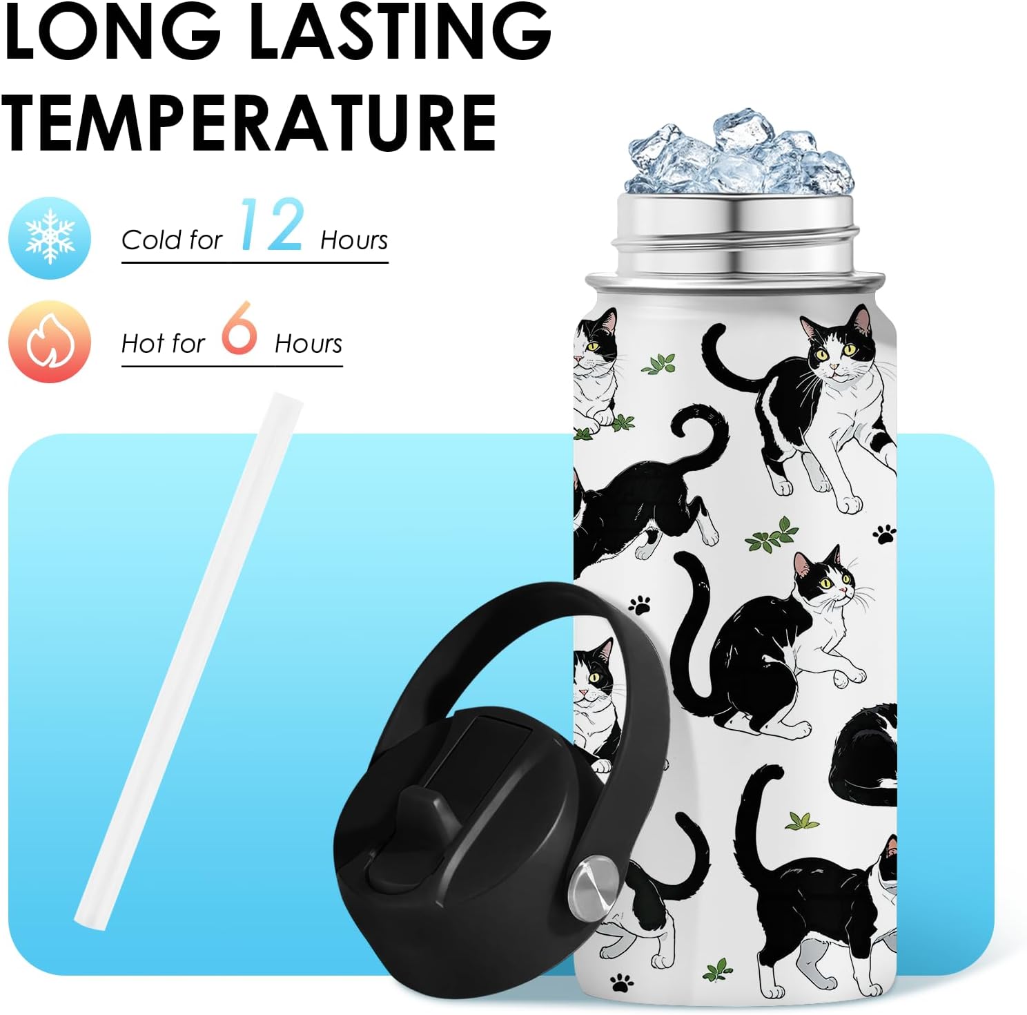 Cat Gifts for Kids - 16oz Black Cat Water Bottle with Straw Lid, Stainless Steel Insulated Bottle, Leak Proof, BPA-Free, for Boys, Girls, School - Black and White Cat Gifts Cats Lovers Gift Cup(1pc) - Image 5