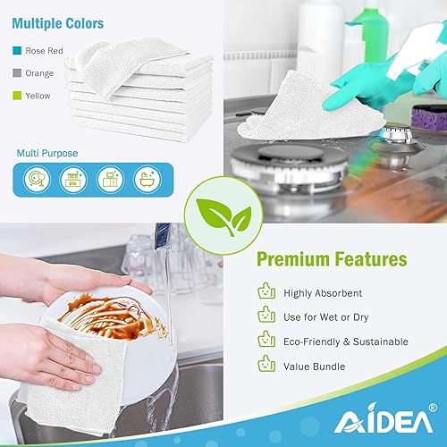 Miniatura 6 de AIDEA Paños de limpieza de microfibra blanca, 8 unidades, trapos de limpieza suaves y absorbentes, sin pelusas, sin manchas, para casa, cocina,